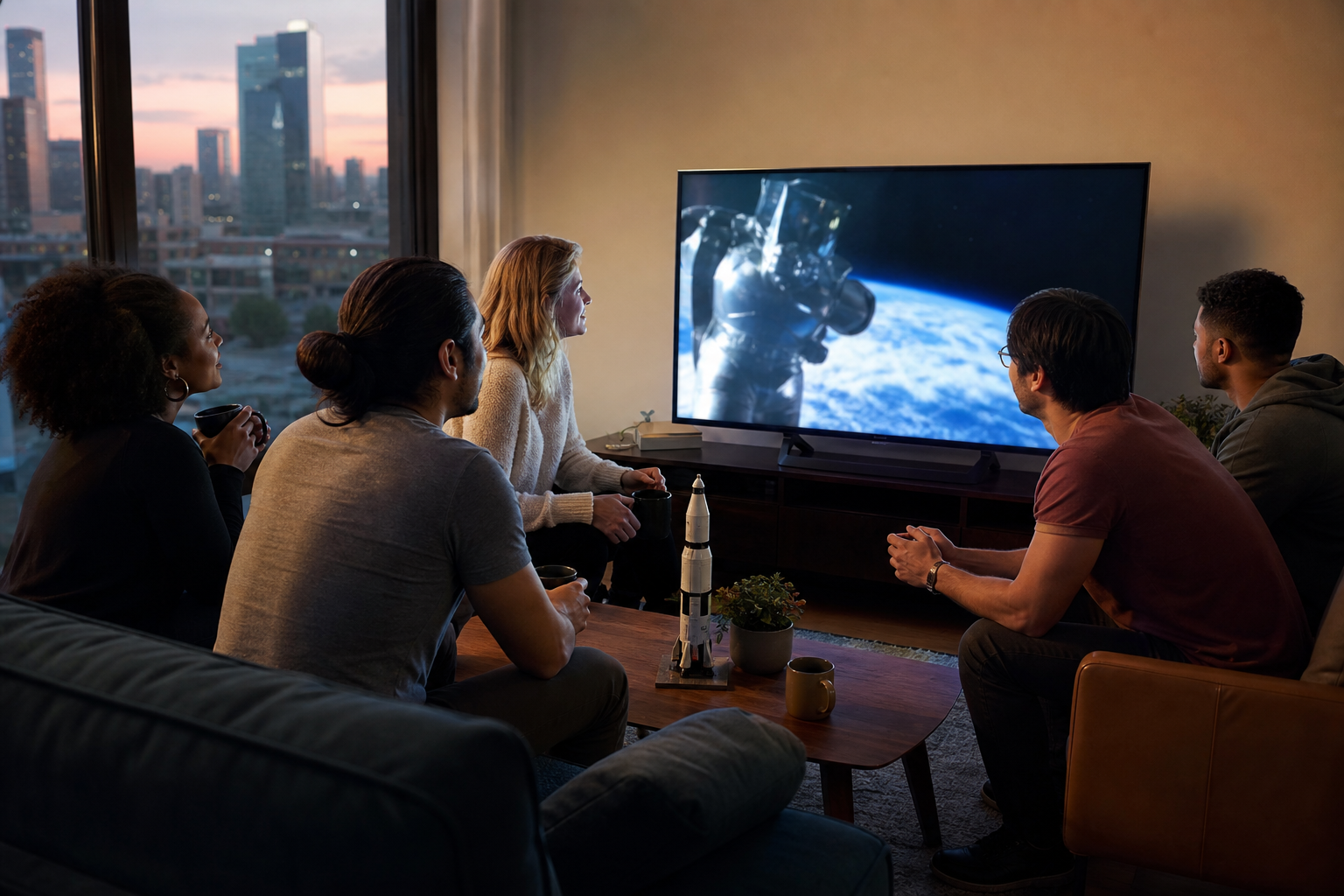 A group of friends in Houston watching a live spacewalk broadcast together at dawn