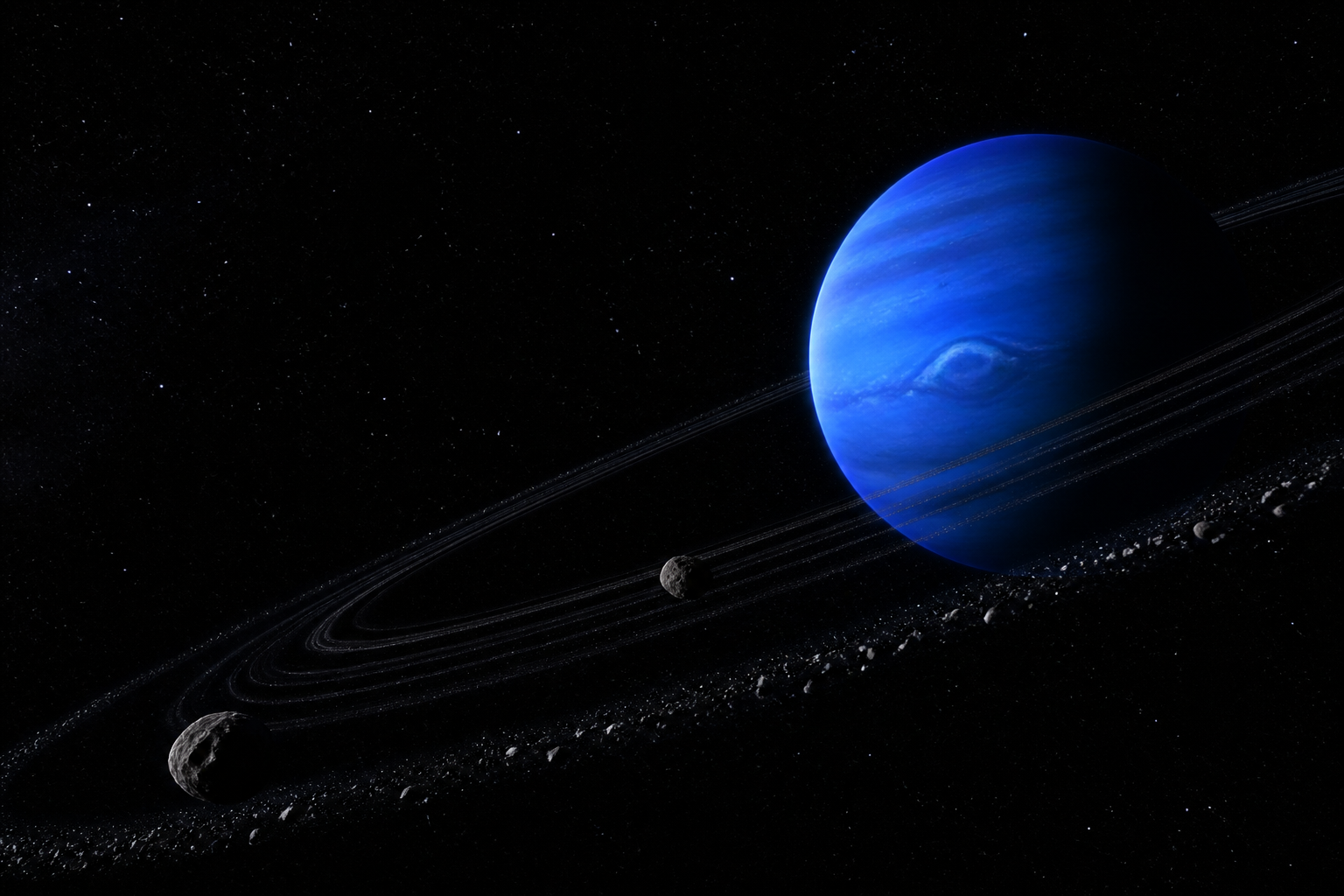 Blue Neptune with its thin rings and small dark inner moons against a starfield