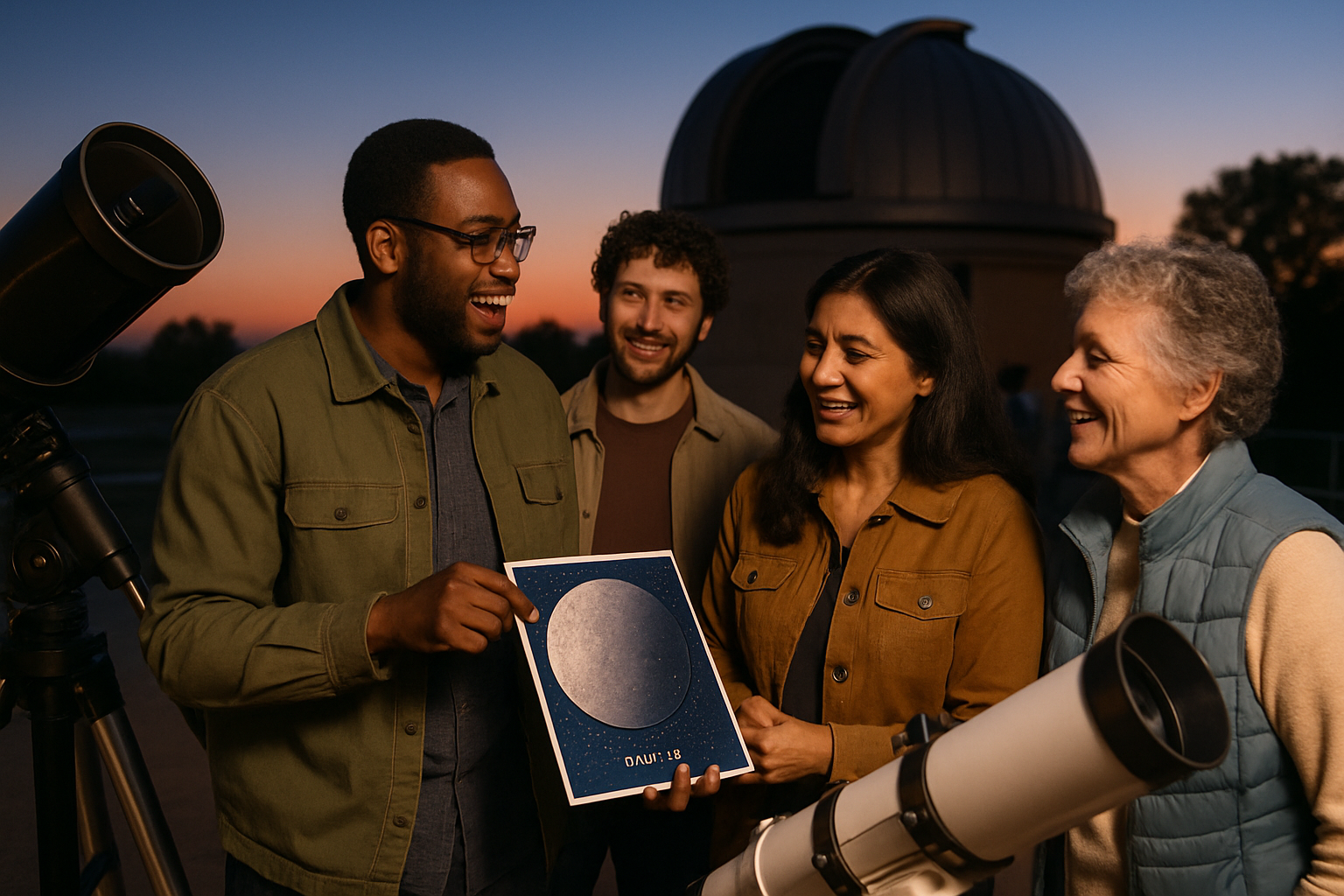 A public observatory group chatting beside telescopes after sunset while learning about Mercury