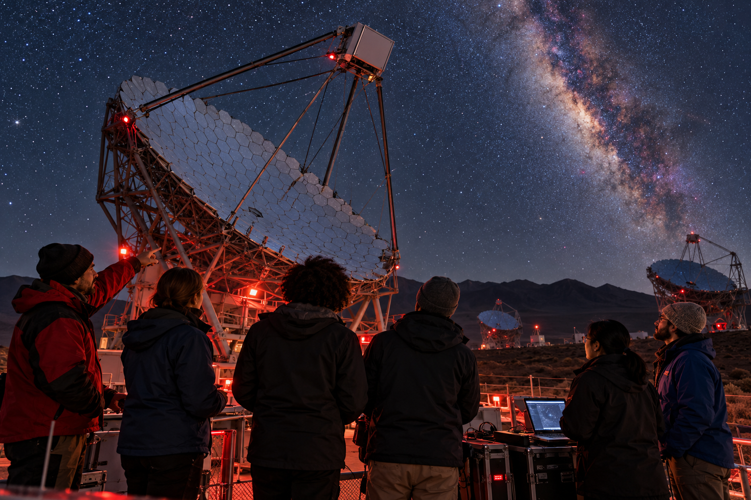 An international group of astronomers and engineers gathers beside a large telescope under the Milky Way