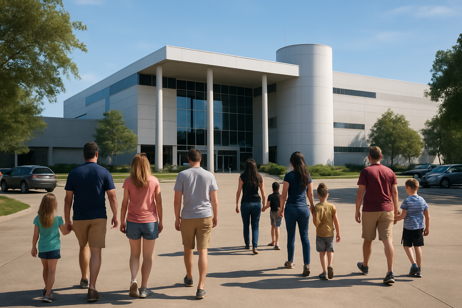 First-time visitors arriving at Space Center Houston with a rocket display in morning light