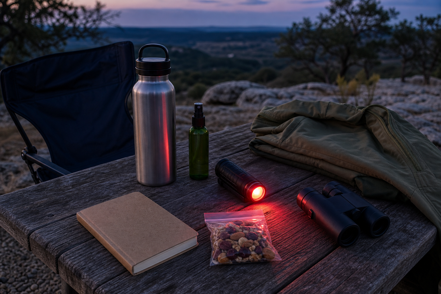 A first-timer’s star-party essentials: water, a chair, a jacket, binoculars, red light, and a notebook.