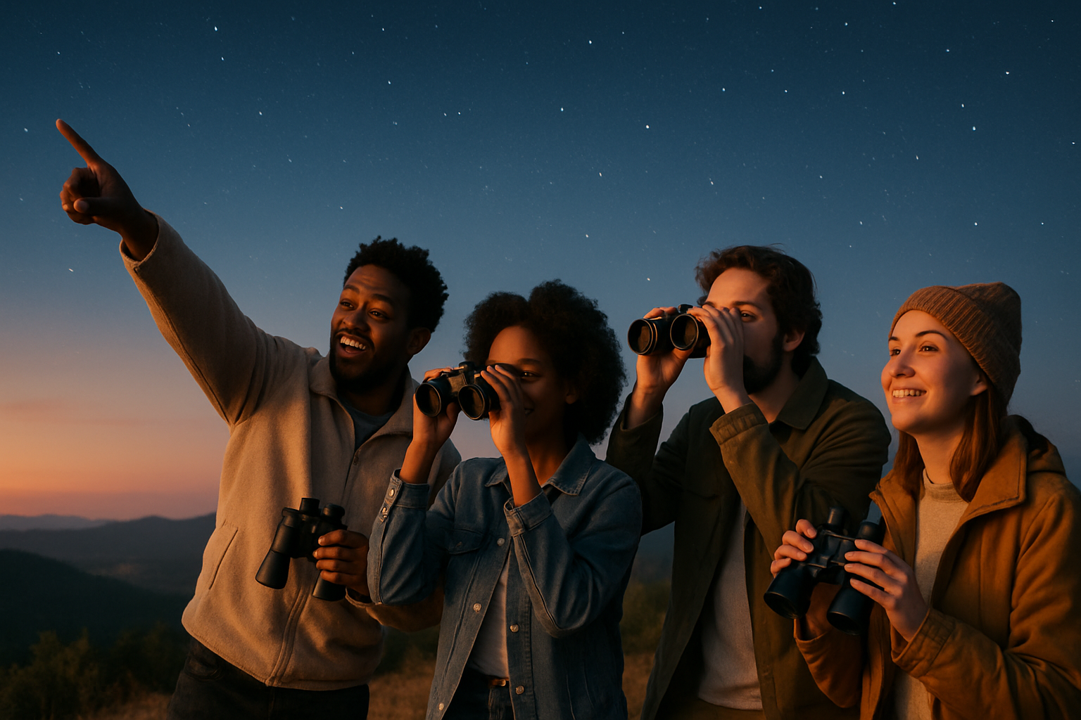 Diverse group of beginner stargazers at a twilight hilltop star party comparing binoculars before the first stars fully appear