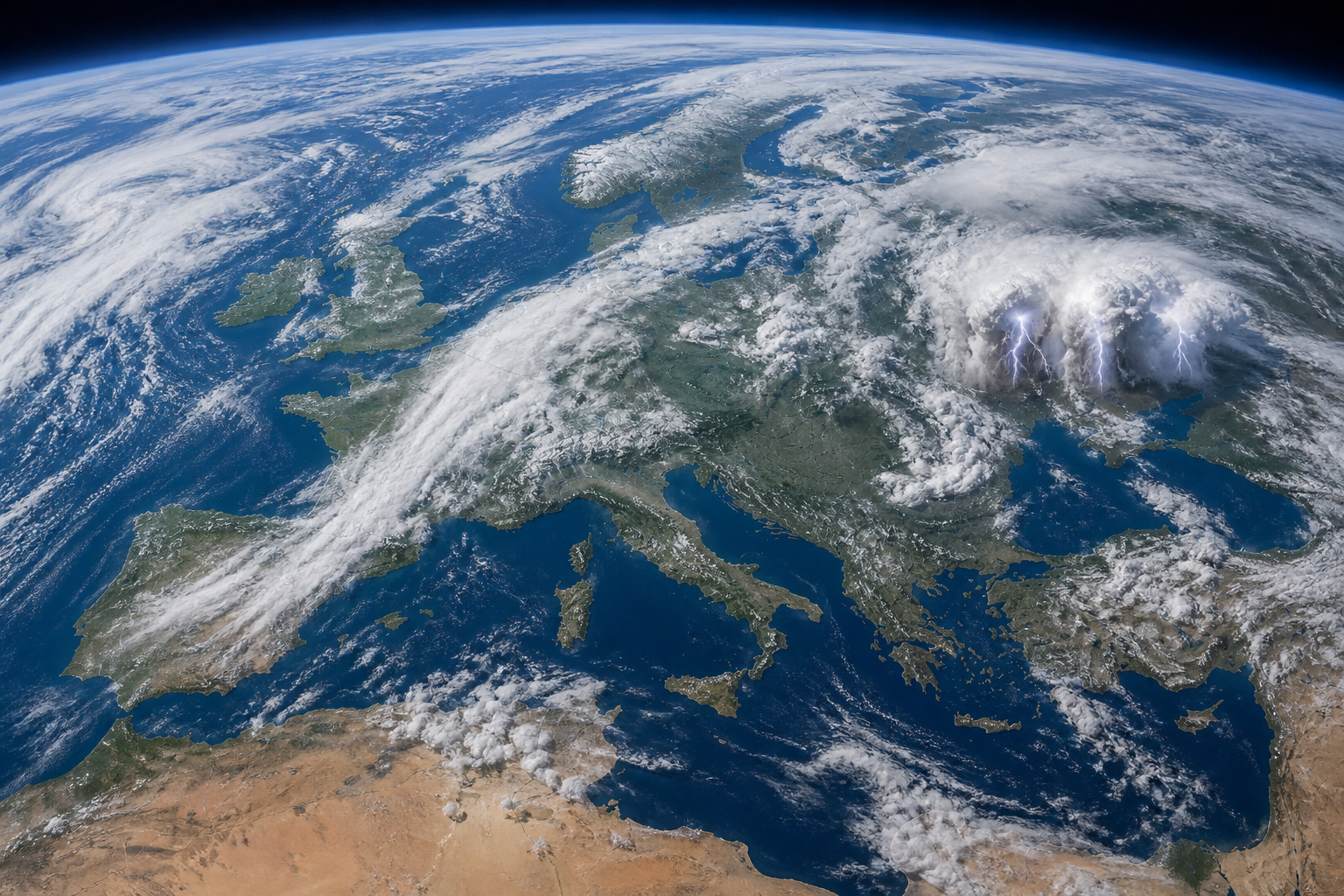 Satellite-style view of cloud bands and thunderstorms over Europe and North Africa