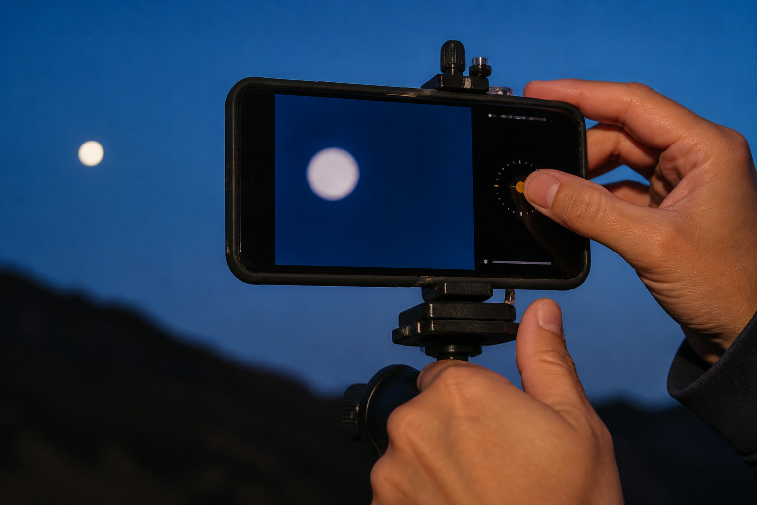 A smartphone on a tripod focuses on a bright star at blue hour