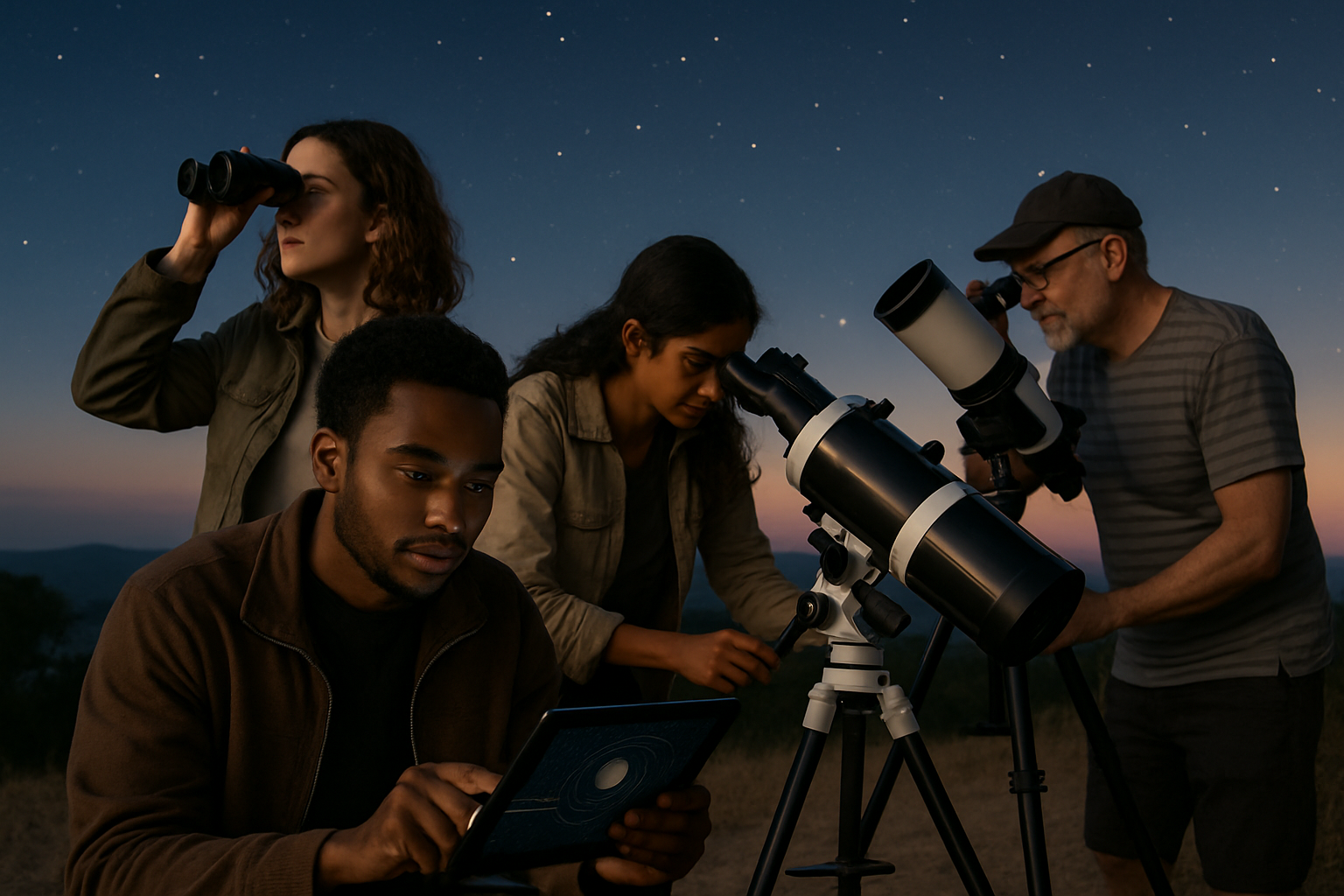 Diverse group of amateur astronomers at a summer star party using small telescopes and an asteroid tracking chart at twilight