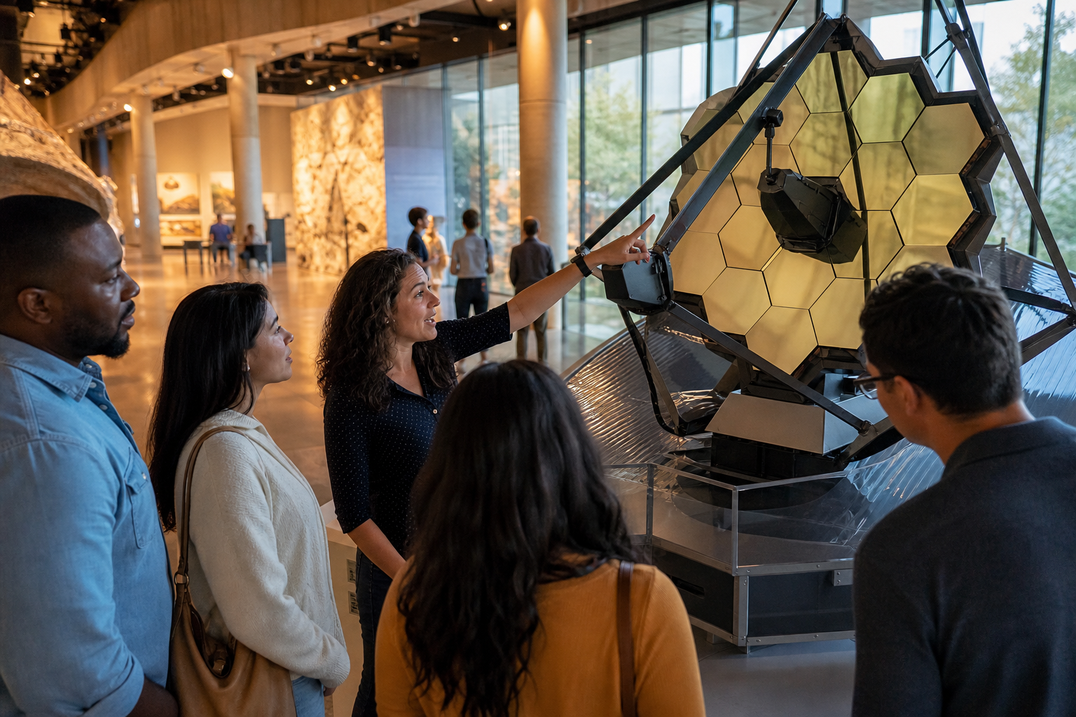 Visitors explore a segmented-mirror telescope model in a Texas science museum gallery.