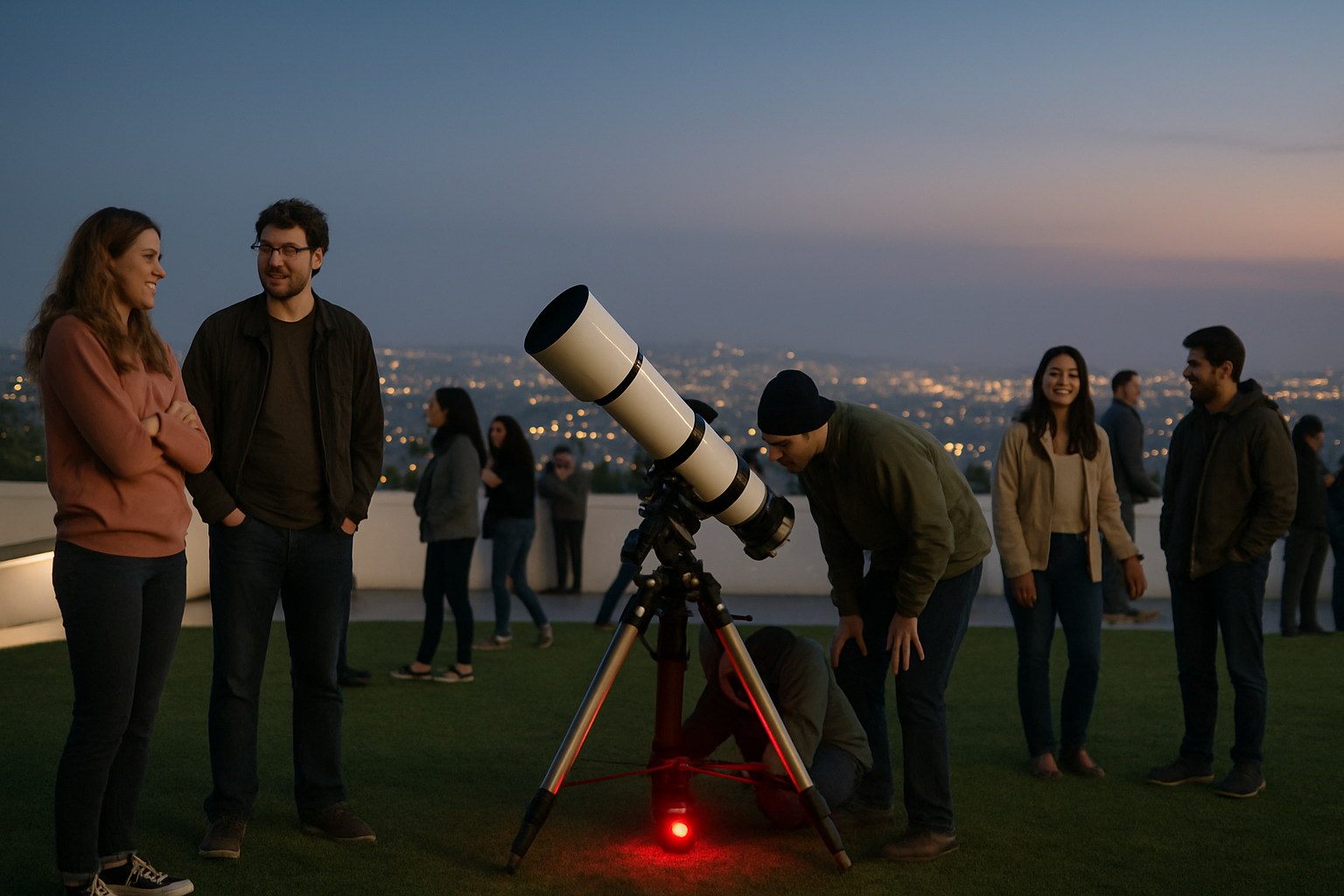 Beginners enjoying a low-pressure public telescope evening with LA lights in the distance