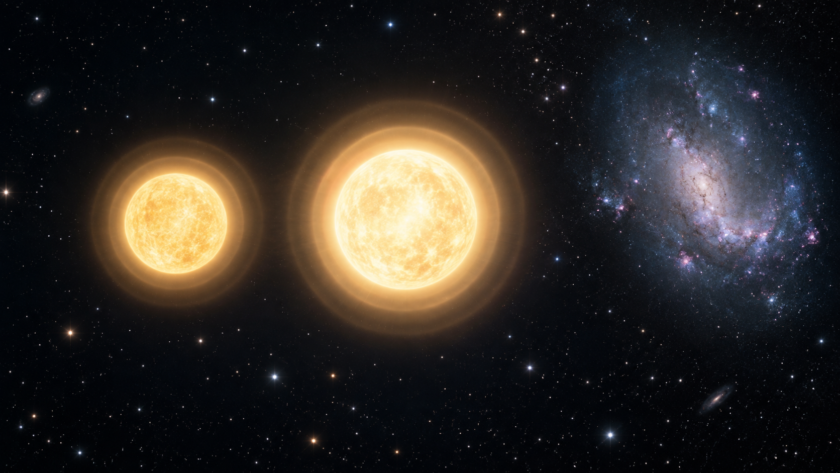 Conceptual illustration of Cepheid stars at two brightness phases against a field of distant galaxies.