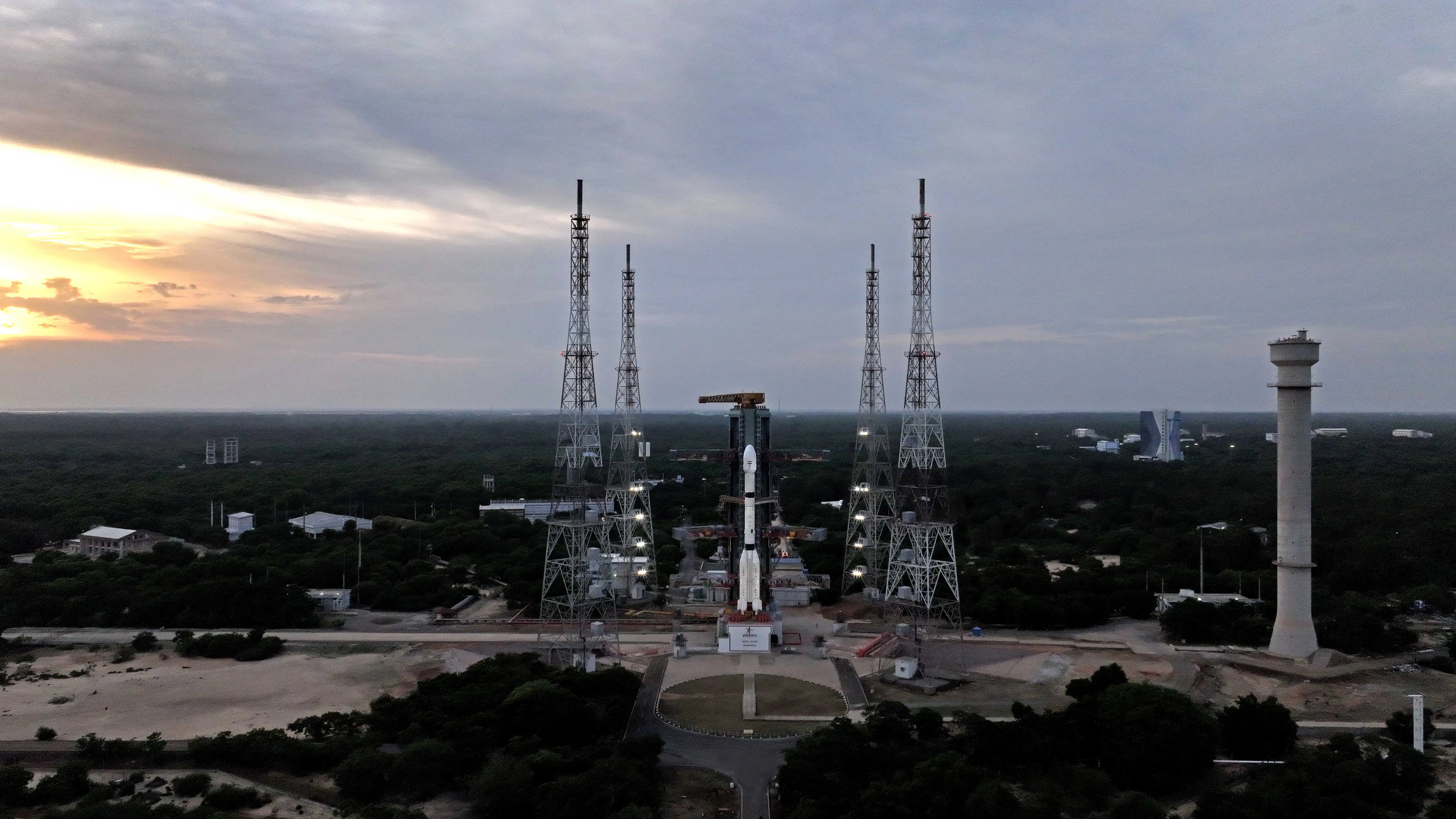 Official ISRO aerial pre-launch view of the GSLV-F17 rocket at the Second Launch Pad in Sriharikota at dawn.