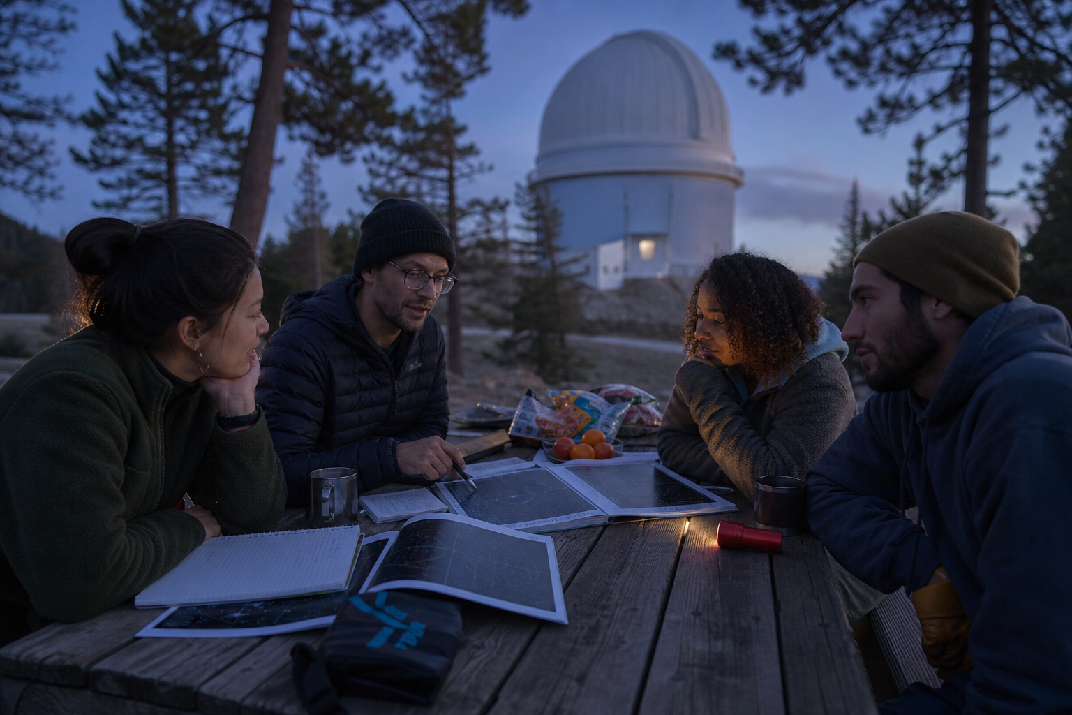 Friends gather for a stargazing picnic outside an observatory