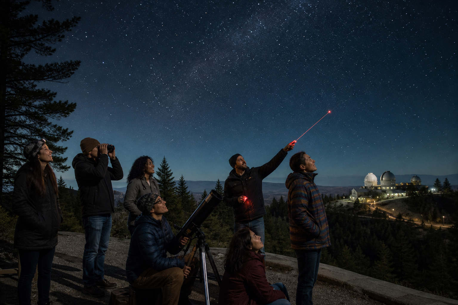 A community group uses telescopes and binoculars beneath a summer sky