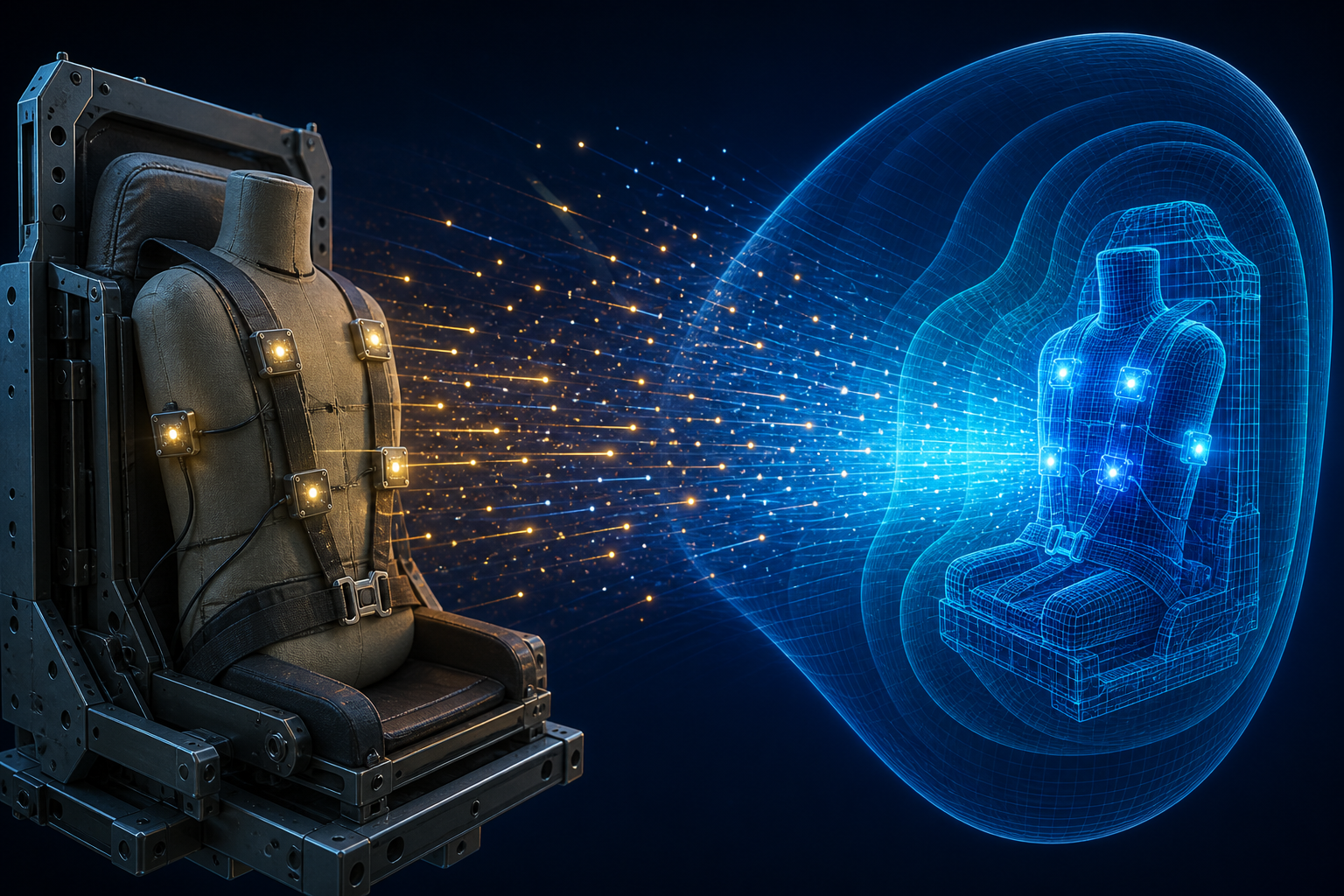 Detector-equipped spacecraft seat transitioning into a calibrated computer radiation-field model