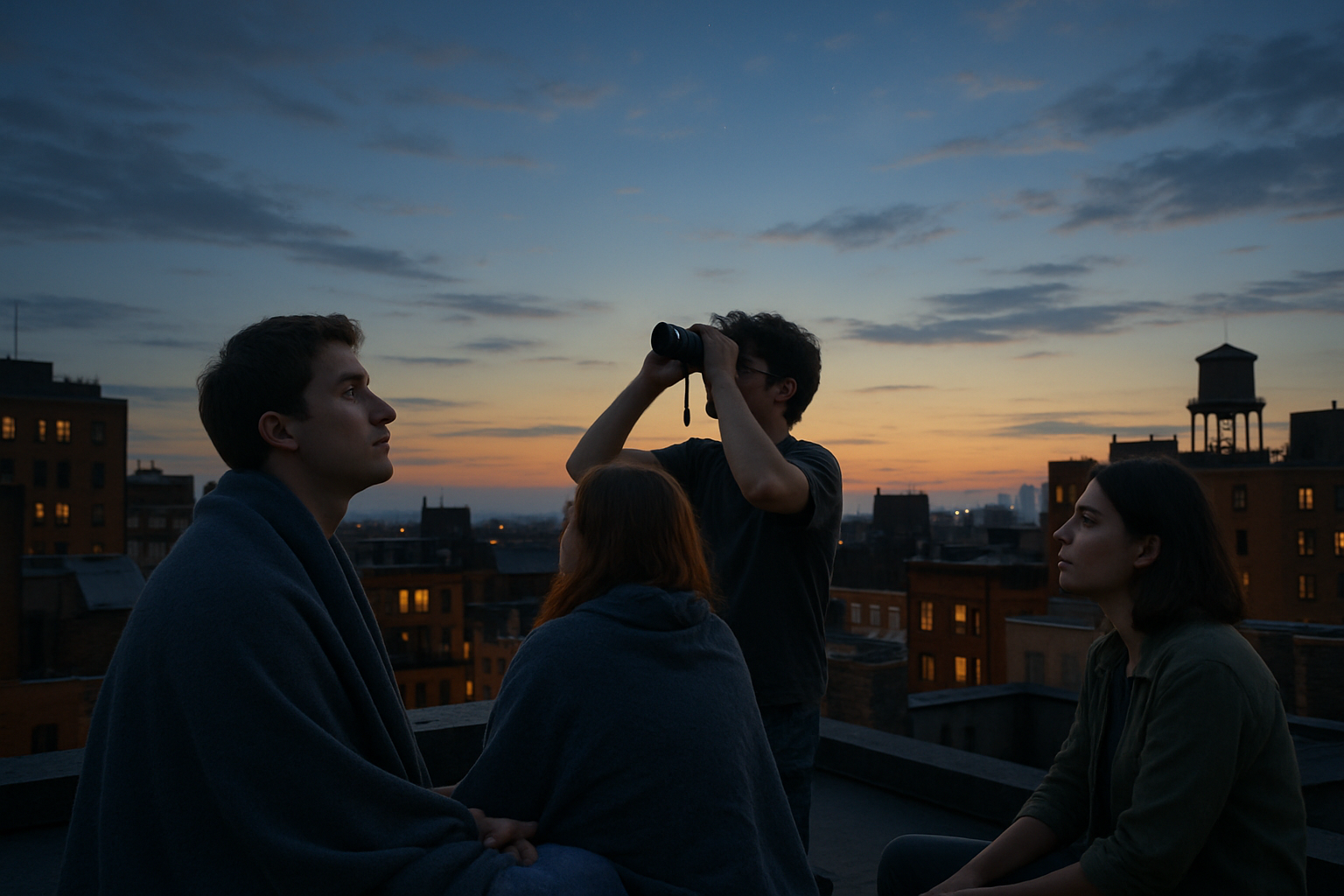 A bright late-evening sky over city lights with people waiting for darkness