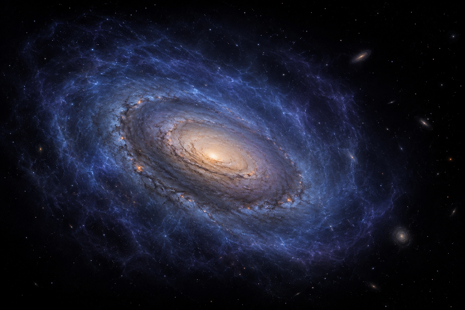 Conceptual editorial illustration of a spiral galaxy surrounded by a diffuse blue hydrogen halo, with sparse golden stellar nurseries.