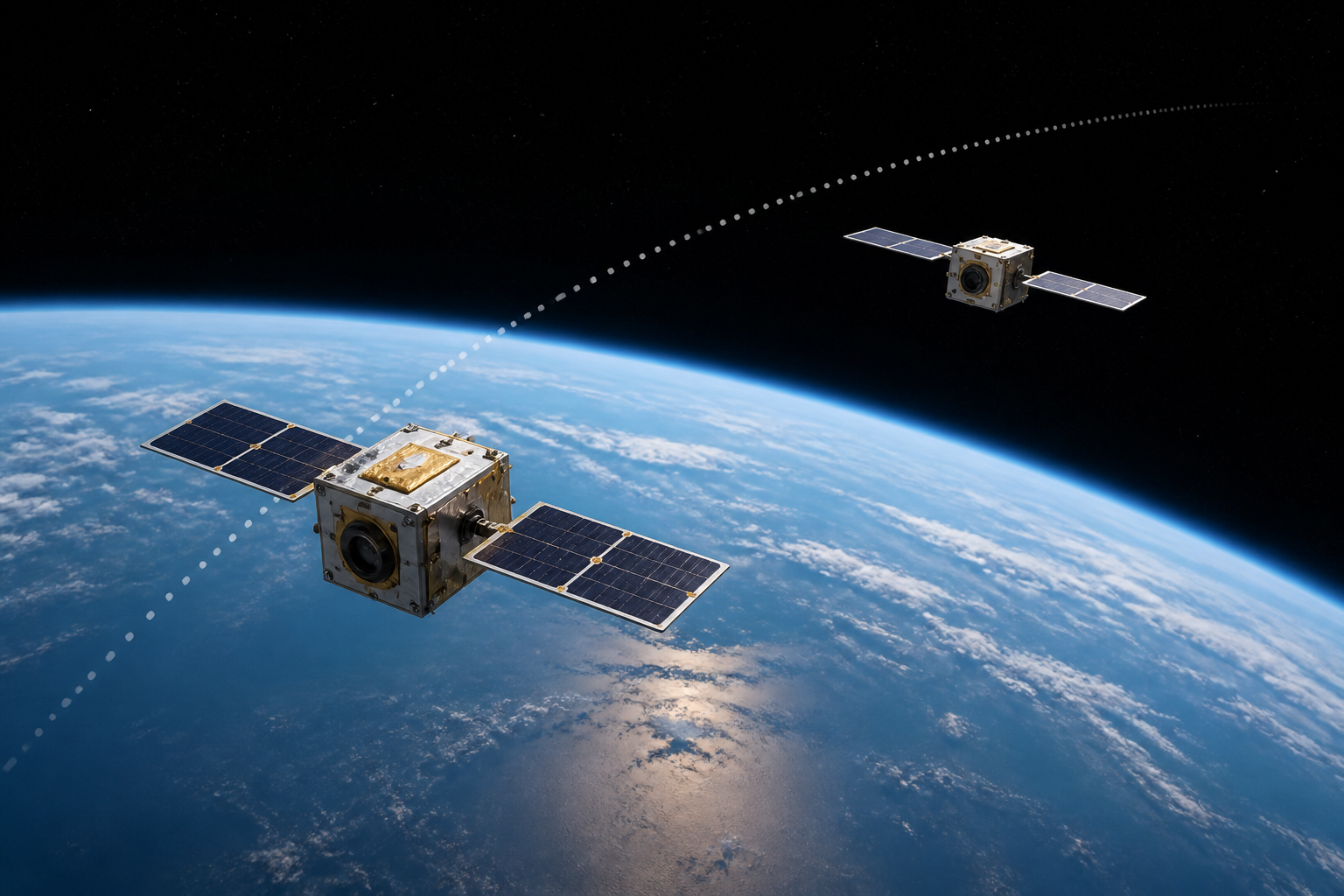 Two uncrewed spacecraft hold a safe separation during a rendezvous and proximity-operations demonstration above Earth.