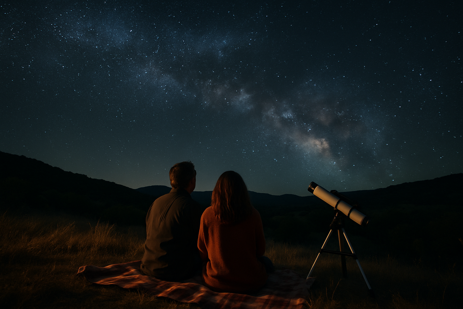 Two people stargazing together under the Milky Way in the Texas Hill Country