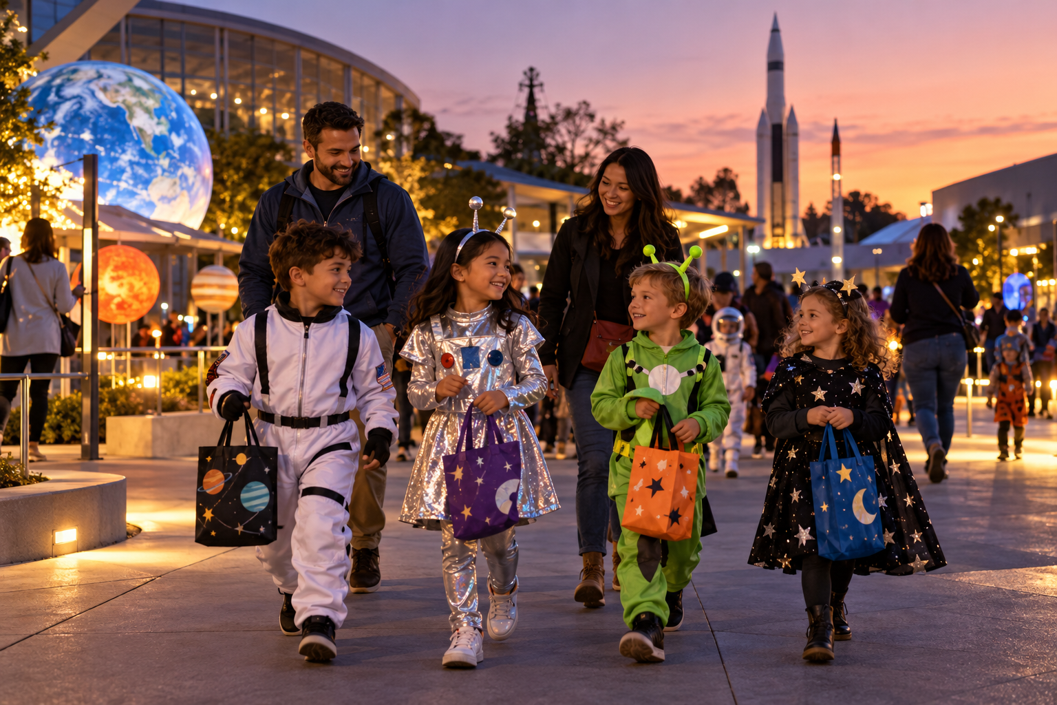 Children and parents in original space-themed costumes walk through a softly lit outdoor science-center plaza with treat bags at dusk.