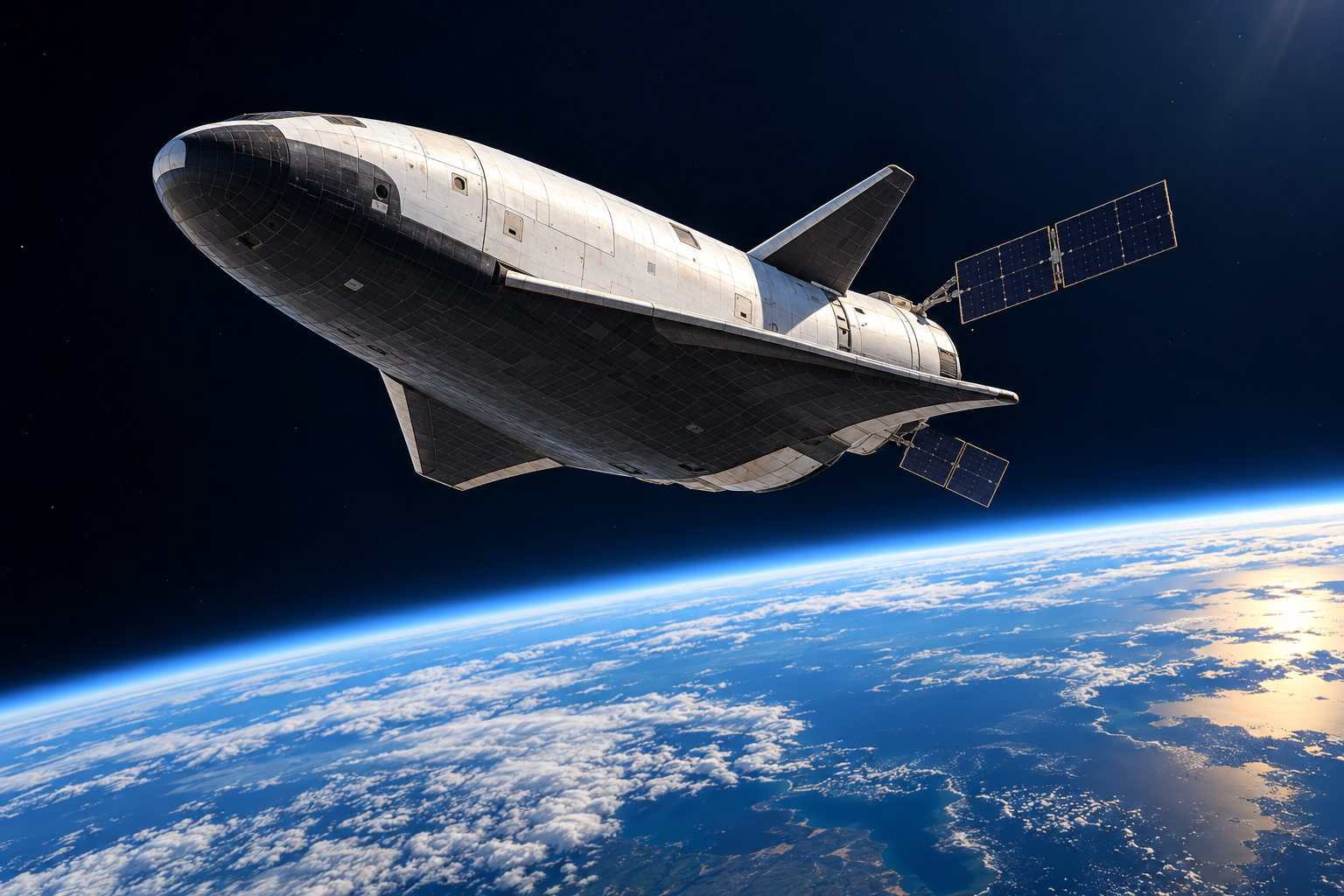 Original editorial illustration of a reusable uncrewed spaceplane above Earth; not a documentary image of China’s spacecraft.