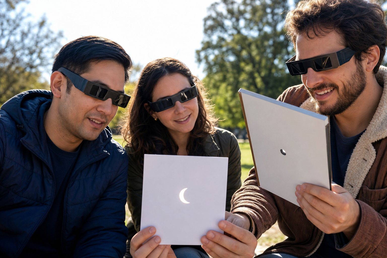 Friends using a pinhole projector to safely view a solar eclipse