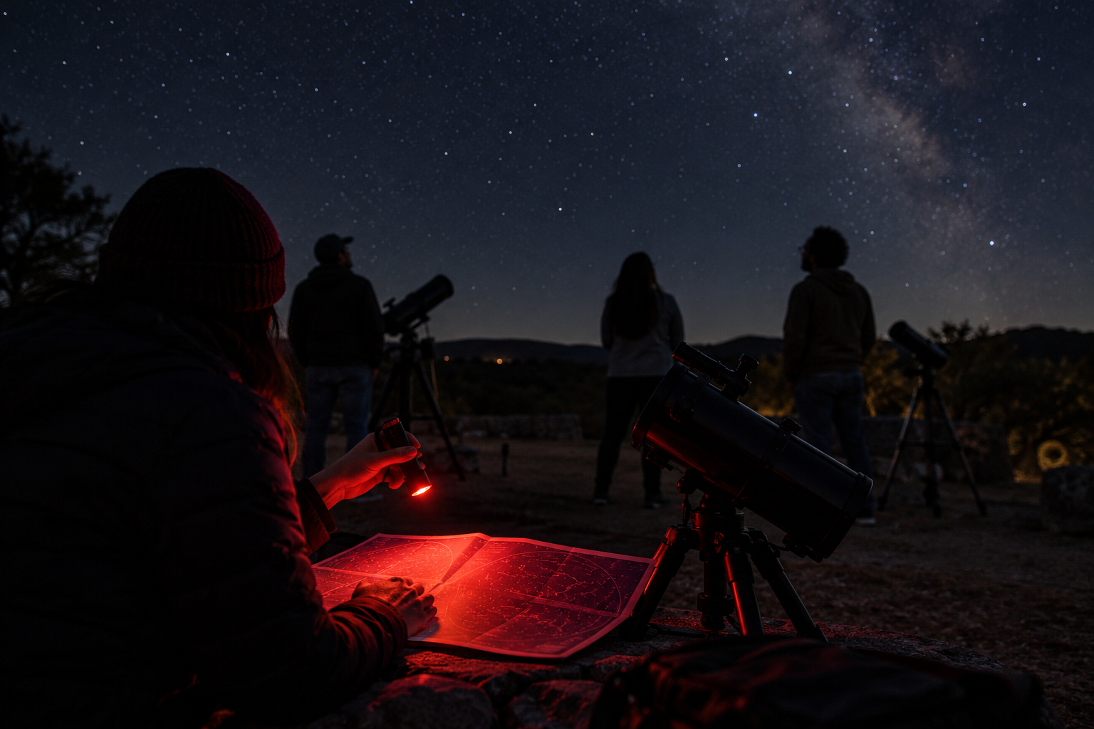 Dim red flashlight beside a star chart at a community stargazing session