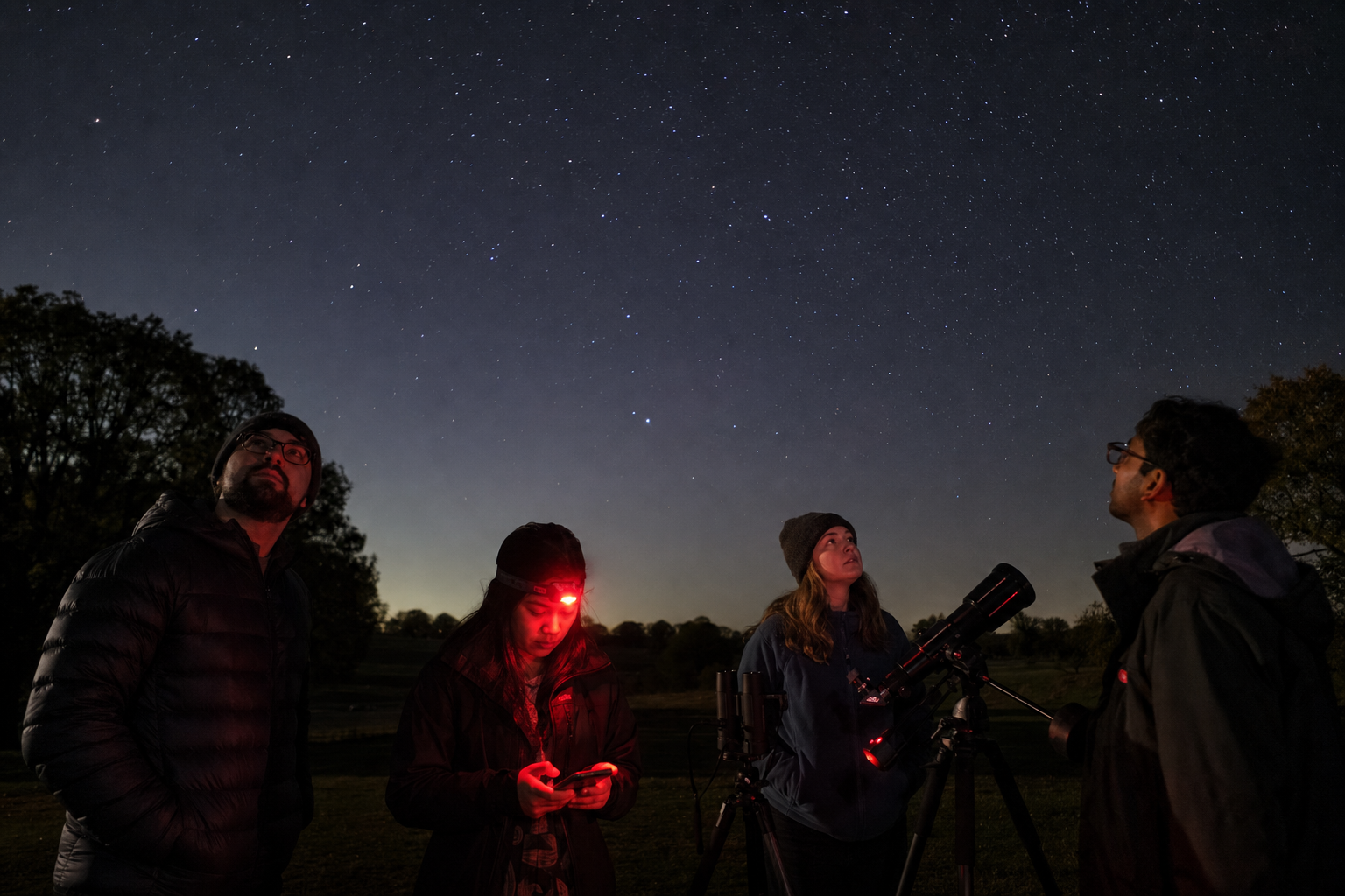 Friends at a night observing session check space-weather information under an ordinary starry sky
