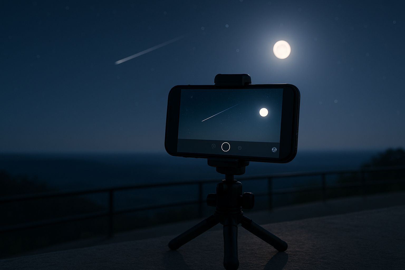 Smartphone secured in a tripod clamp for pre-dawn meteor photography under moonlight.