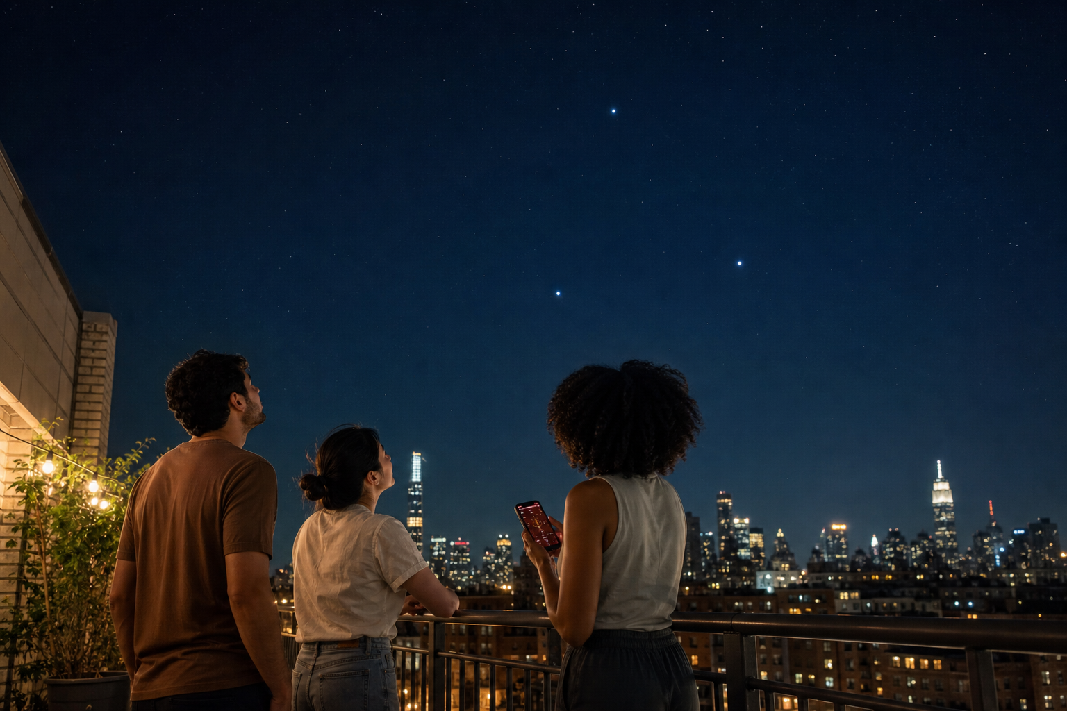 Small diverse group skywatching from an apartment balcony with the Summer Triangle above a city skyline