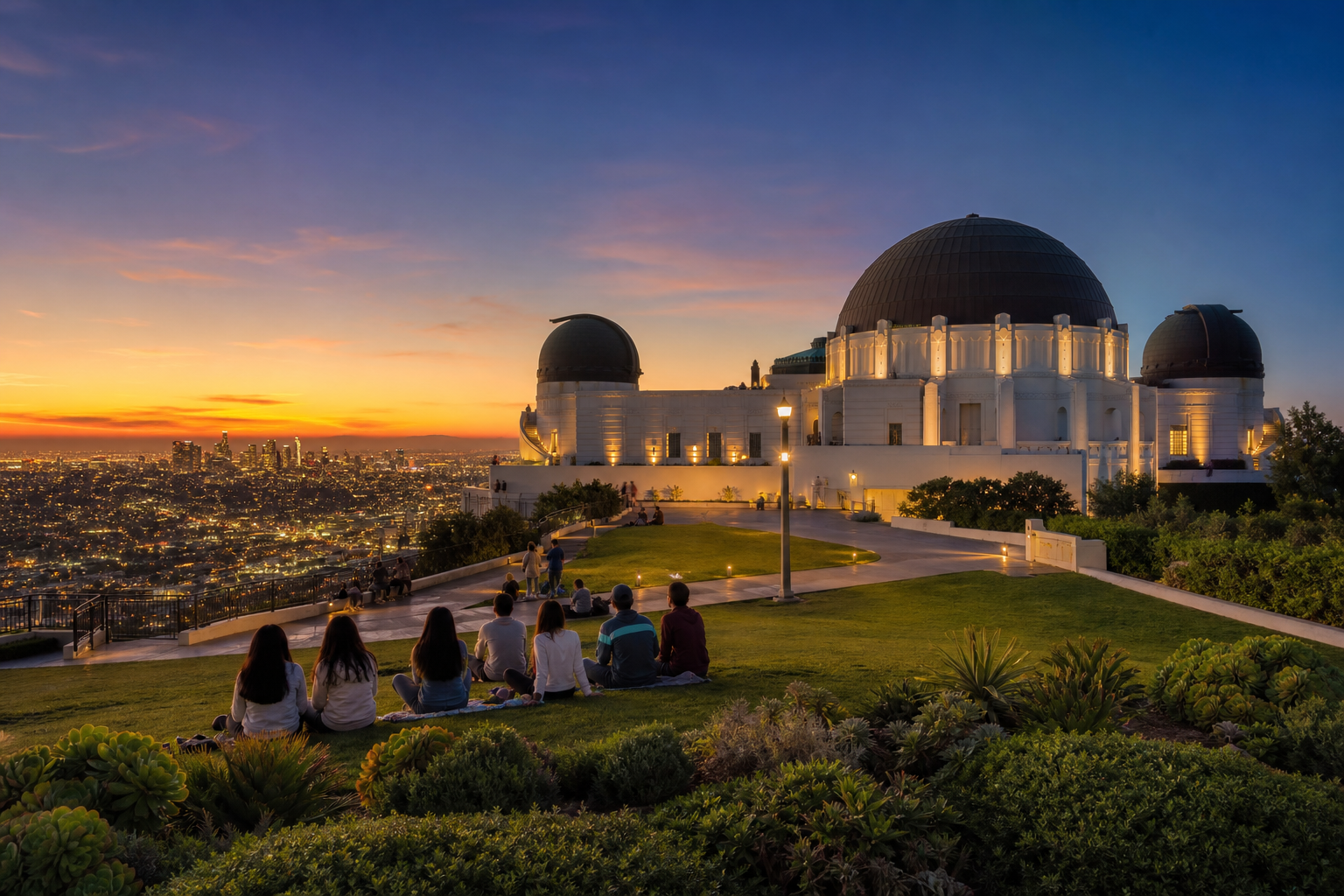 Griffith Observatory’s illuminated domes above Los Angeles at sunset, with a small group of visitors on the lawn.