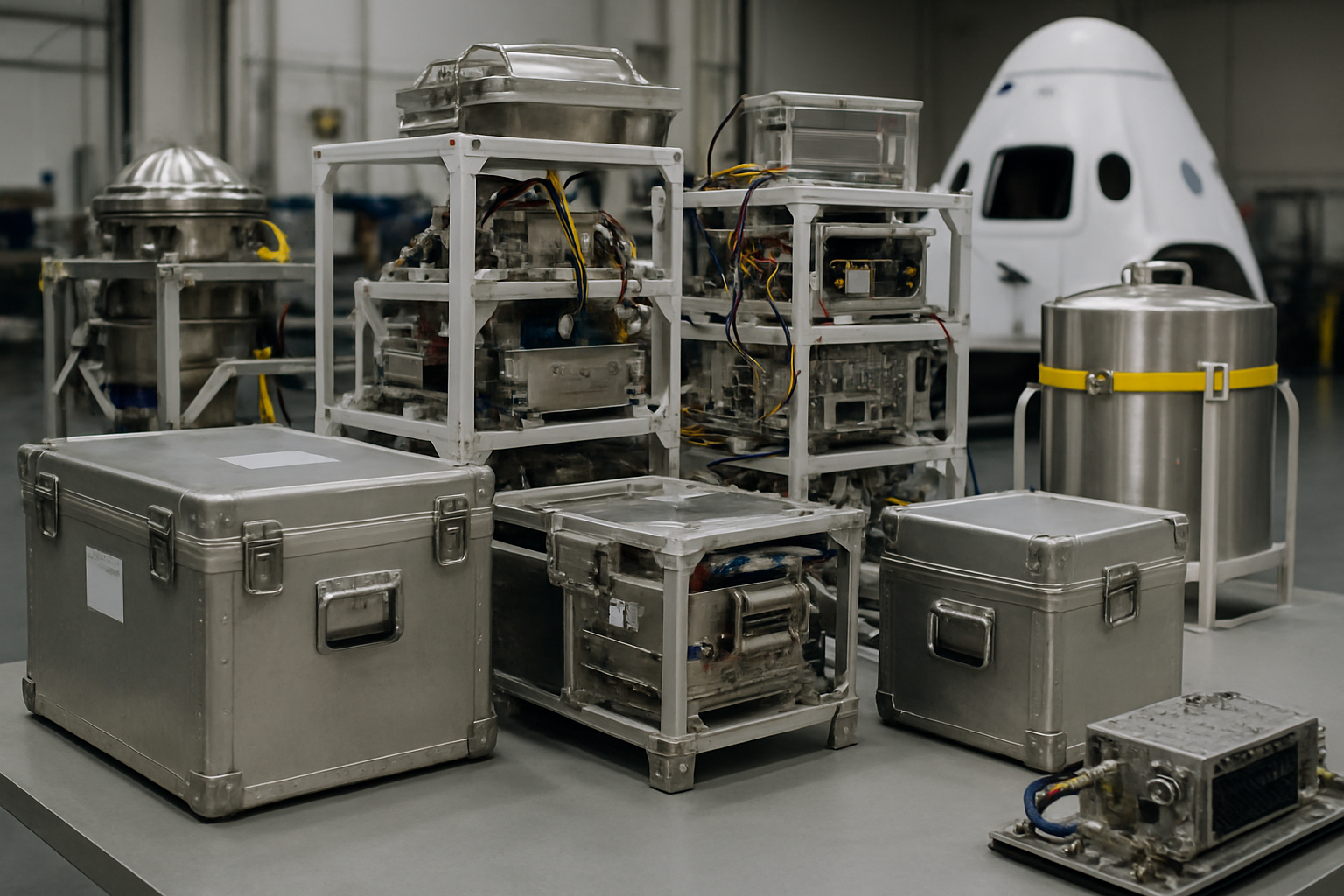 Cargo cases and research hardware prepared for a Dragon resupply mission
