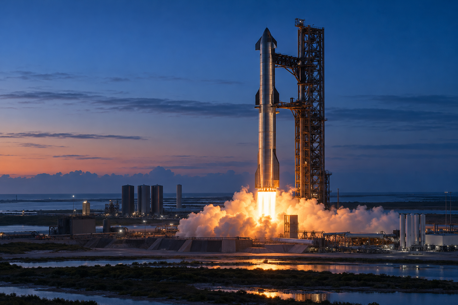 Original editorial illustration of a Starship-class rocket undergoing a controlled ground static-fire test at a South Texas launch site.