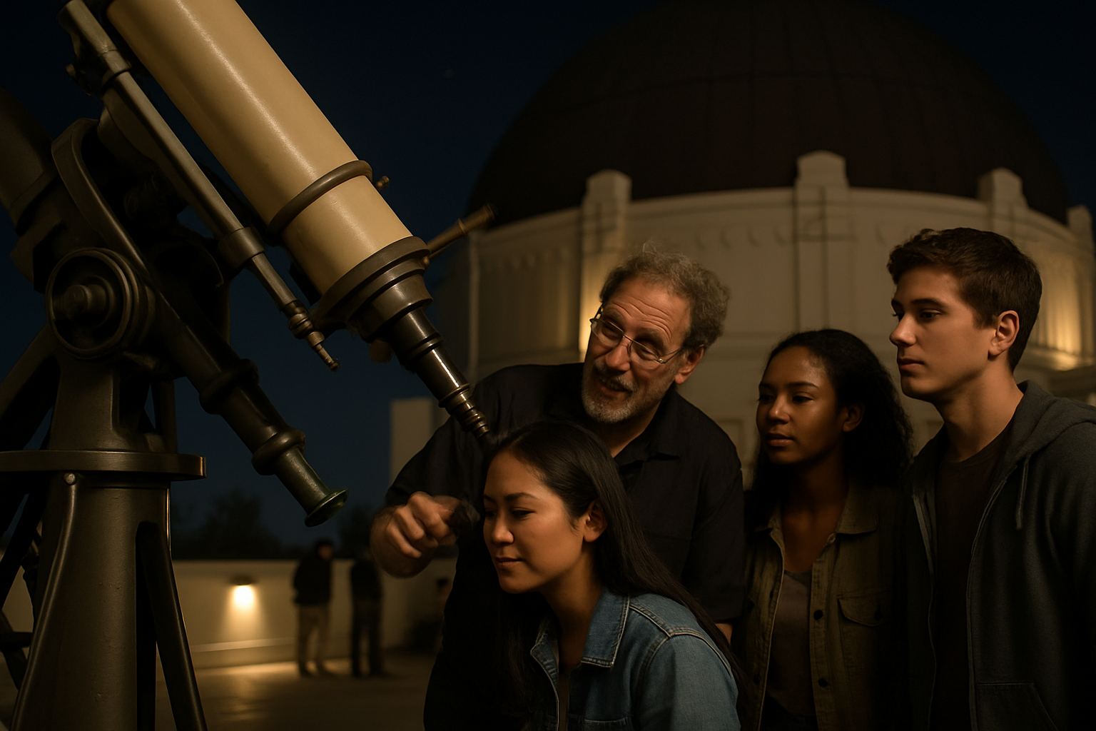 A Griffith Observatory telescope demonstrator helping beginners at the eyepiece
