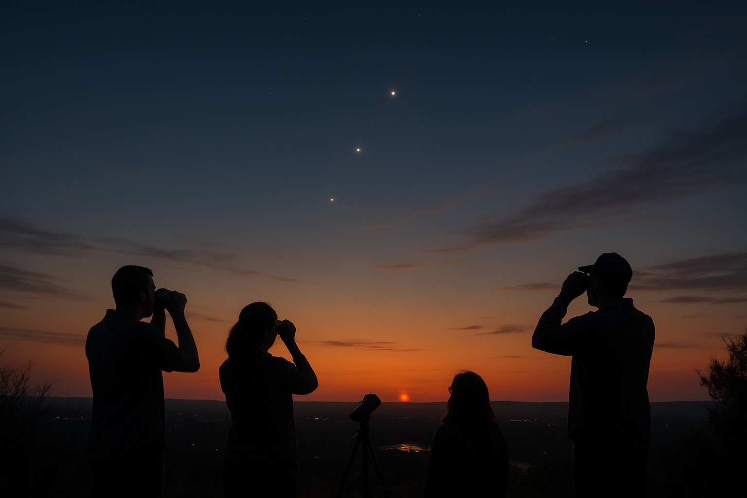 Skywatchers scanning a western sunset horizon for Mercury, Venus, and Jupiter