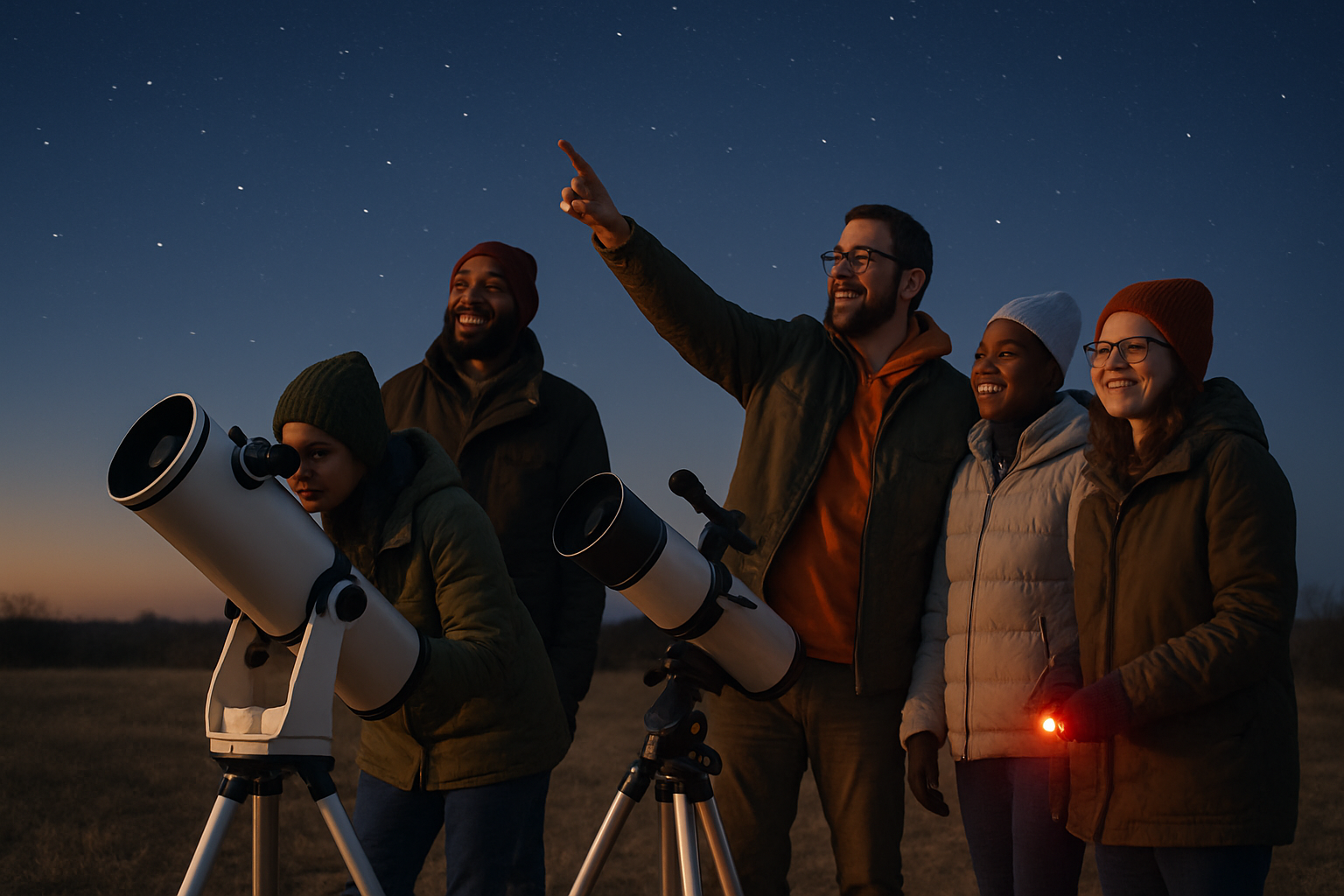 Friends sharing telescopes at a Texas public star party