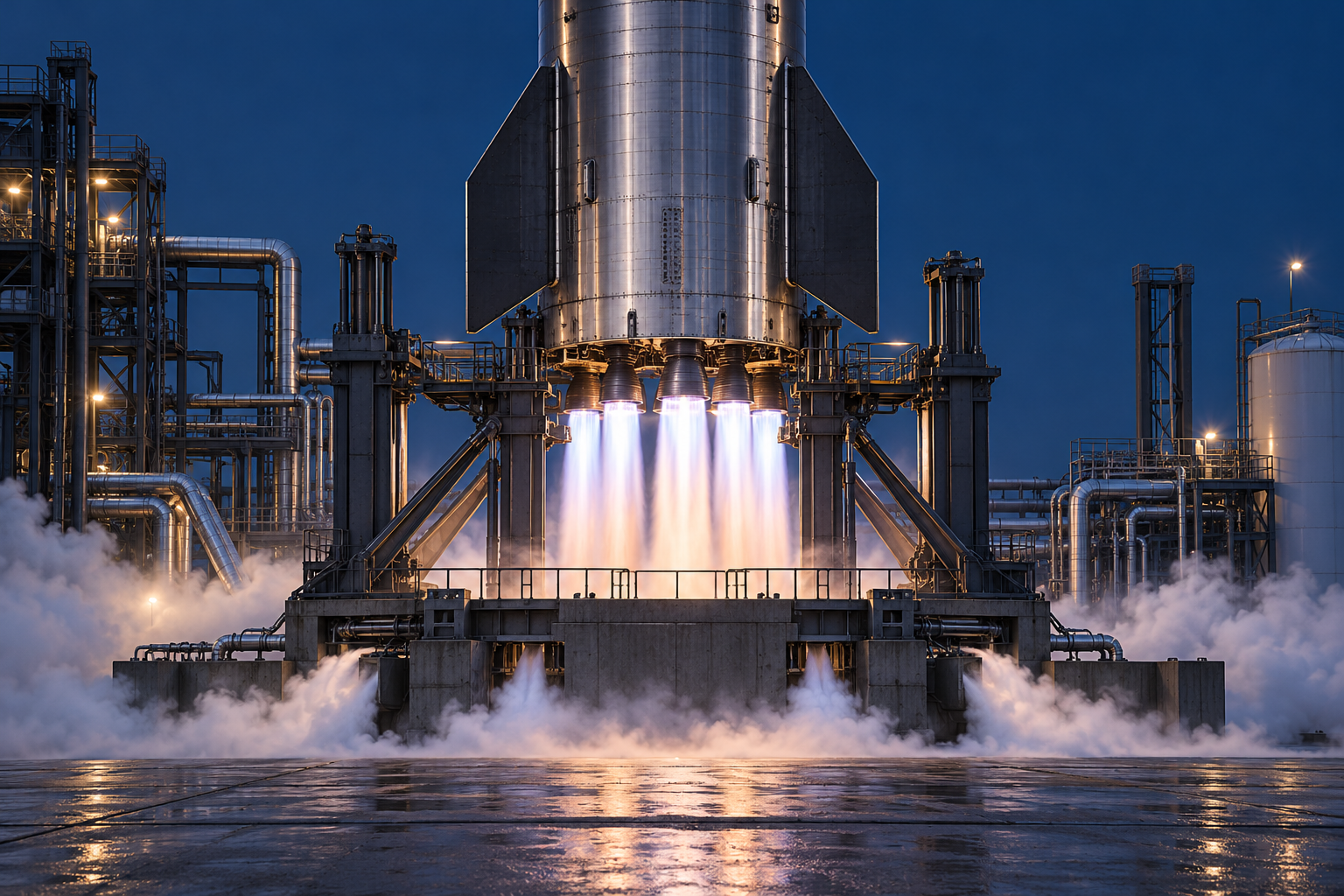 Close editorial view of rocket engines firing while a vehicle remains restrained on a ground test stand.