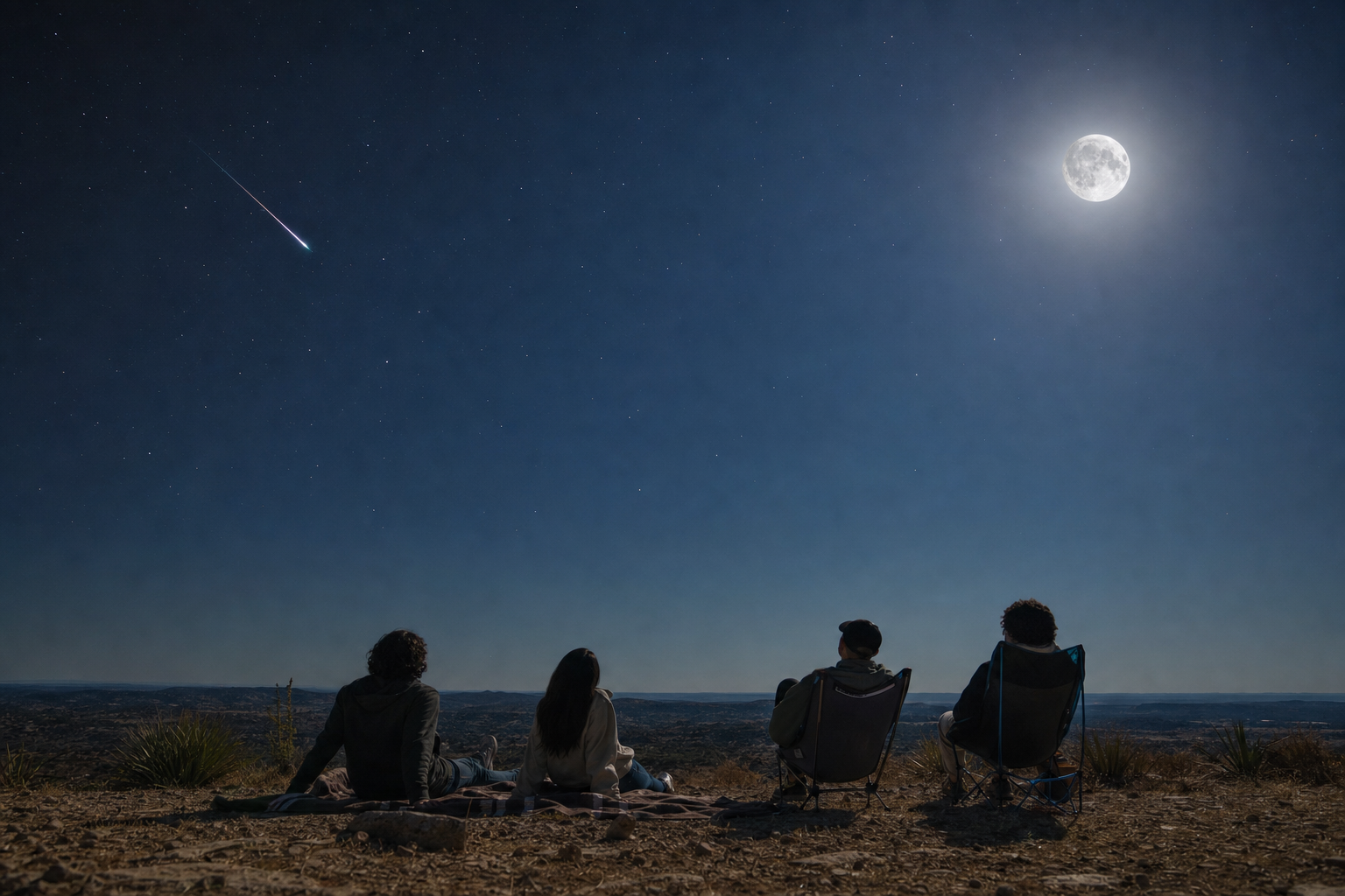 Four friends watch a single bright meteor beneath an almost-full Moon from a Texas overlook