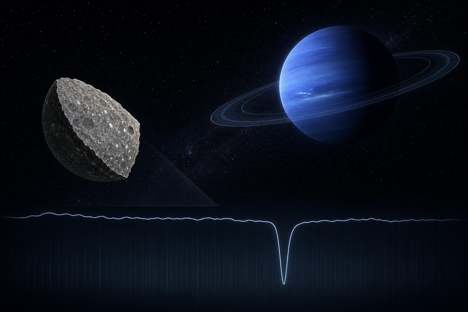 Conceptual infrared-spectrum visual for the sharp clay-mineral absorption feature on Neptune’s inner system