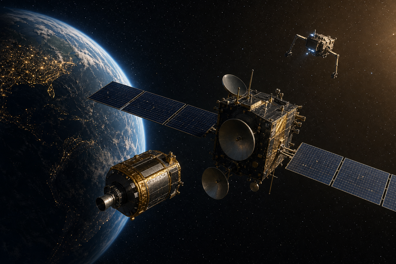 A mission extension pod near an aging GEO communications satellite, before any servicing contact