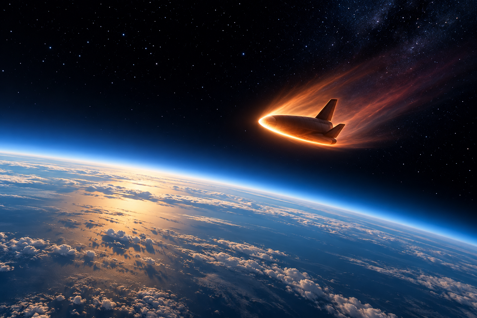 Original editorial illustration of a generic reusable spacecraft reentering Earth’s atmosphere; it represents the concept, not the Chinese vehicle.