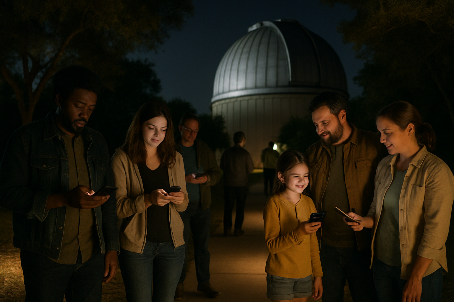 Visitors arriving for an evening observatory program with digital tickets ready
