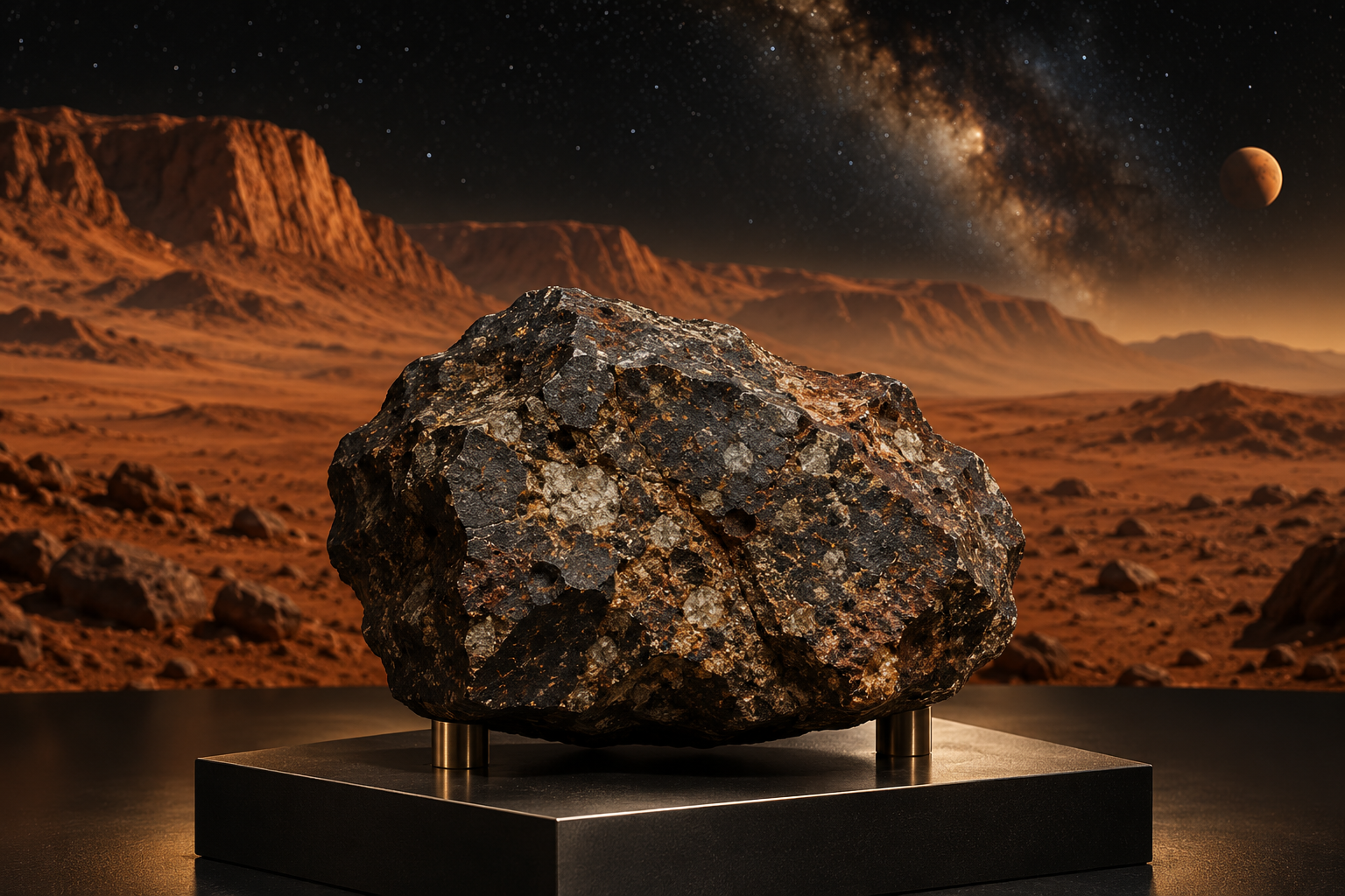 Original editorial illustration of the Teghaza 001 Martian meteorite on a museum stand, with a Mars-inspired landscape beyond.