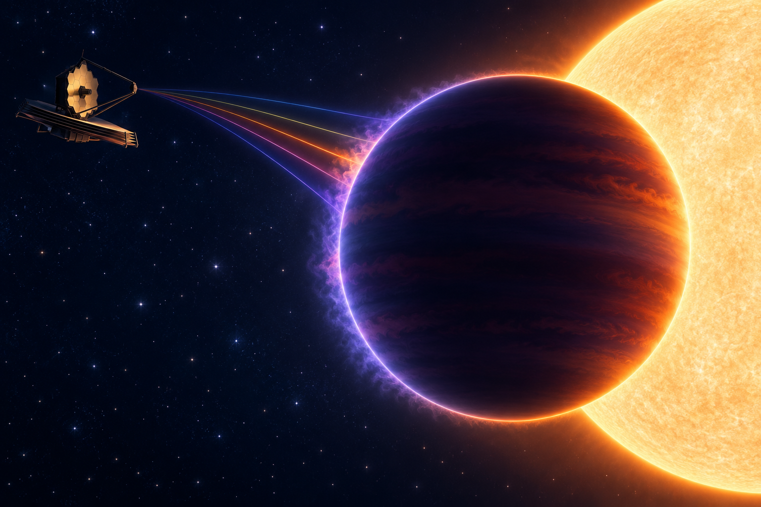 Illustrated concept of JWST observing starlight through the uneven atmospheric limb of WASP-17 b during transit; not a direct image.