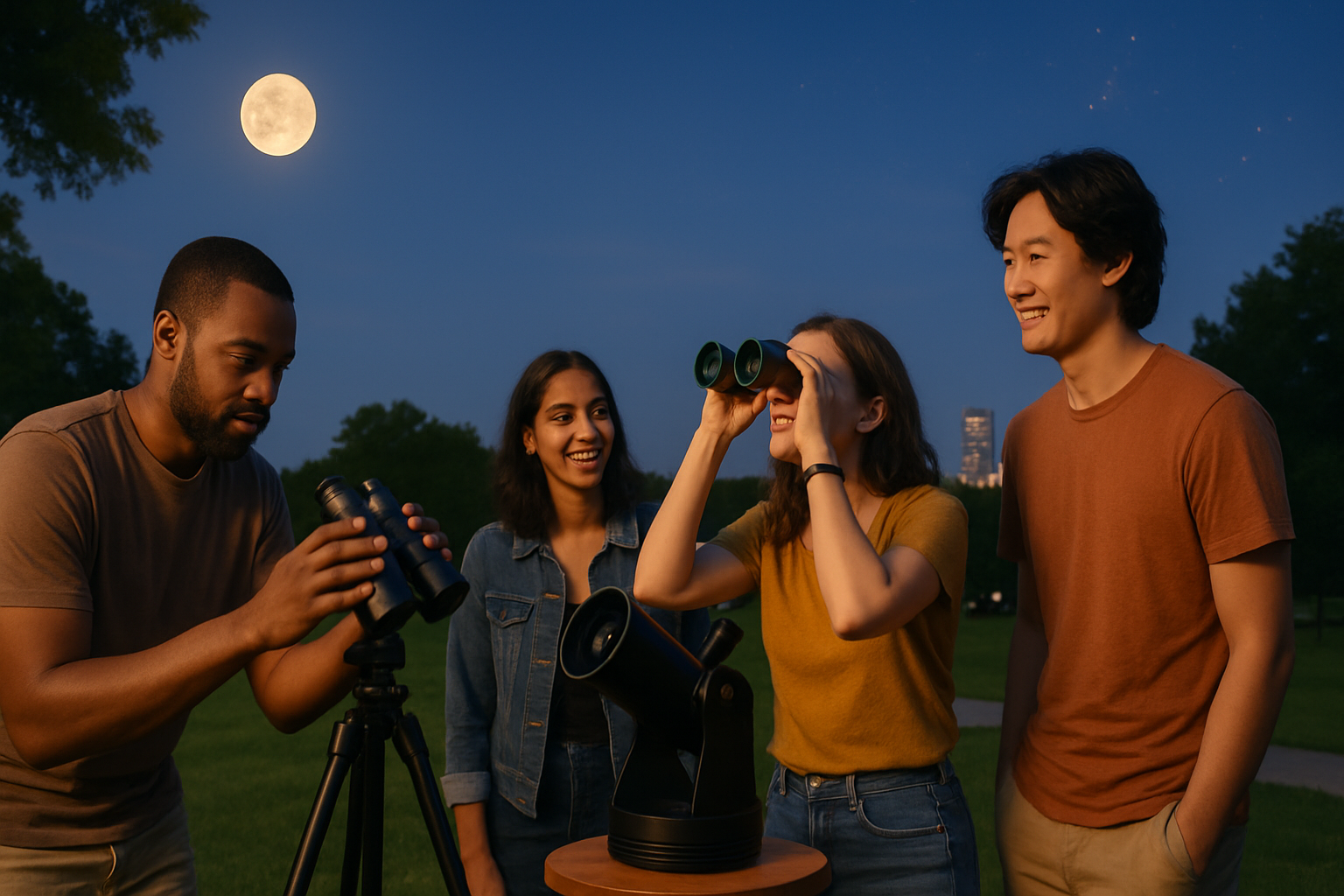 Small group setting up binoculars and a compact telescope in an Austin park at twilight