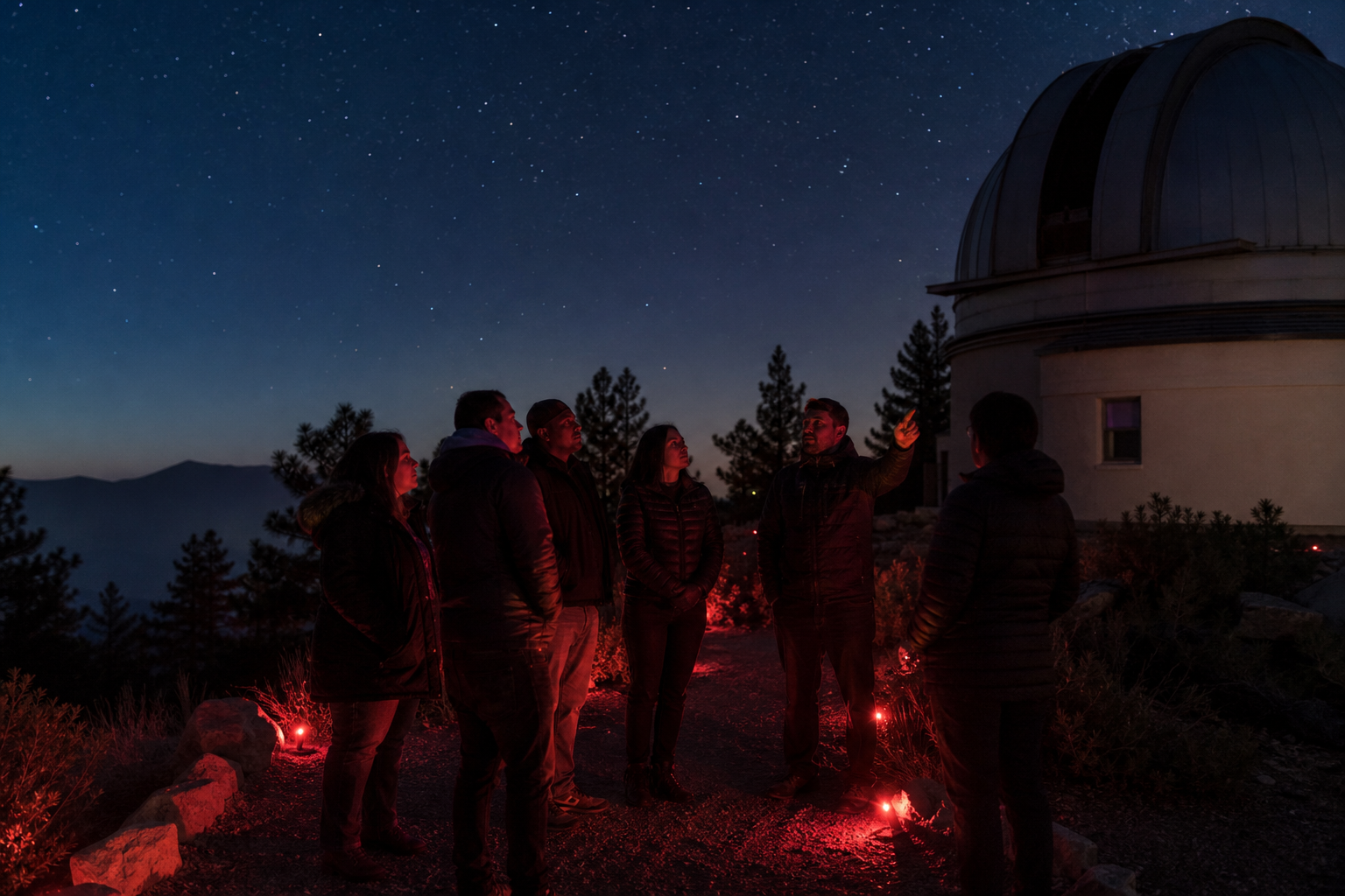 A small community group listens to a guide outside an observatory dome under red light