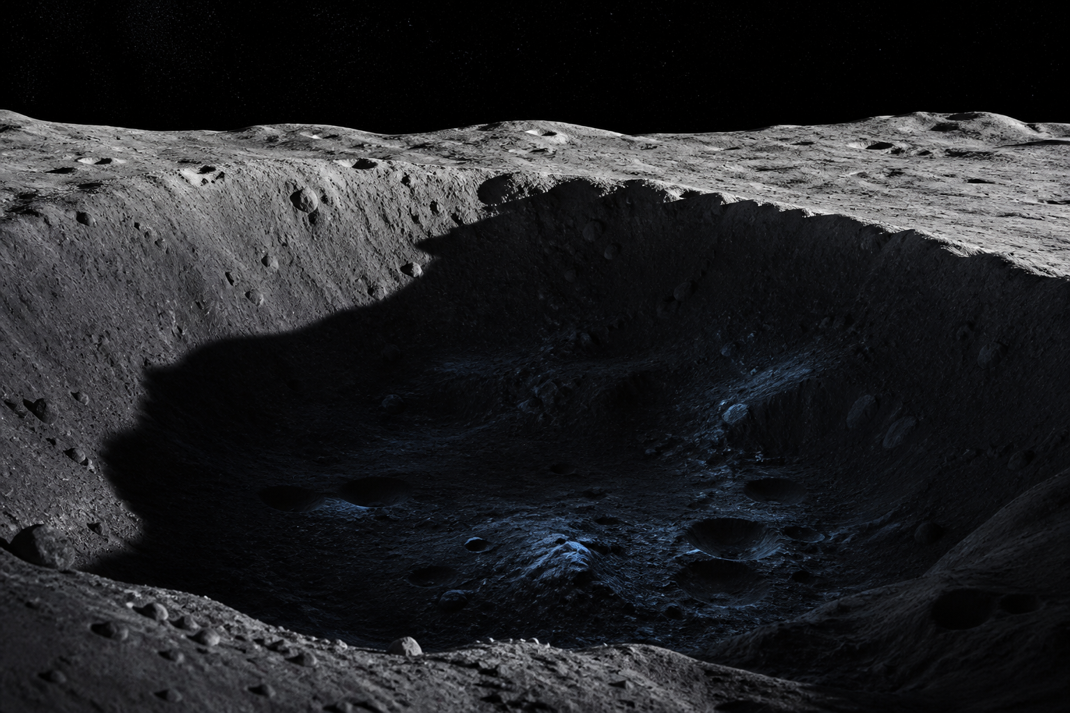 A permanently shadowed lunar south-pole crater with a sunlit rim
