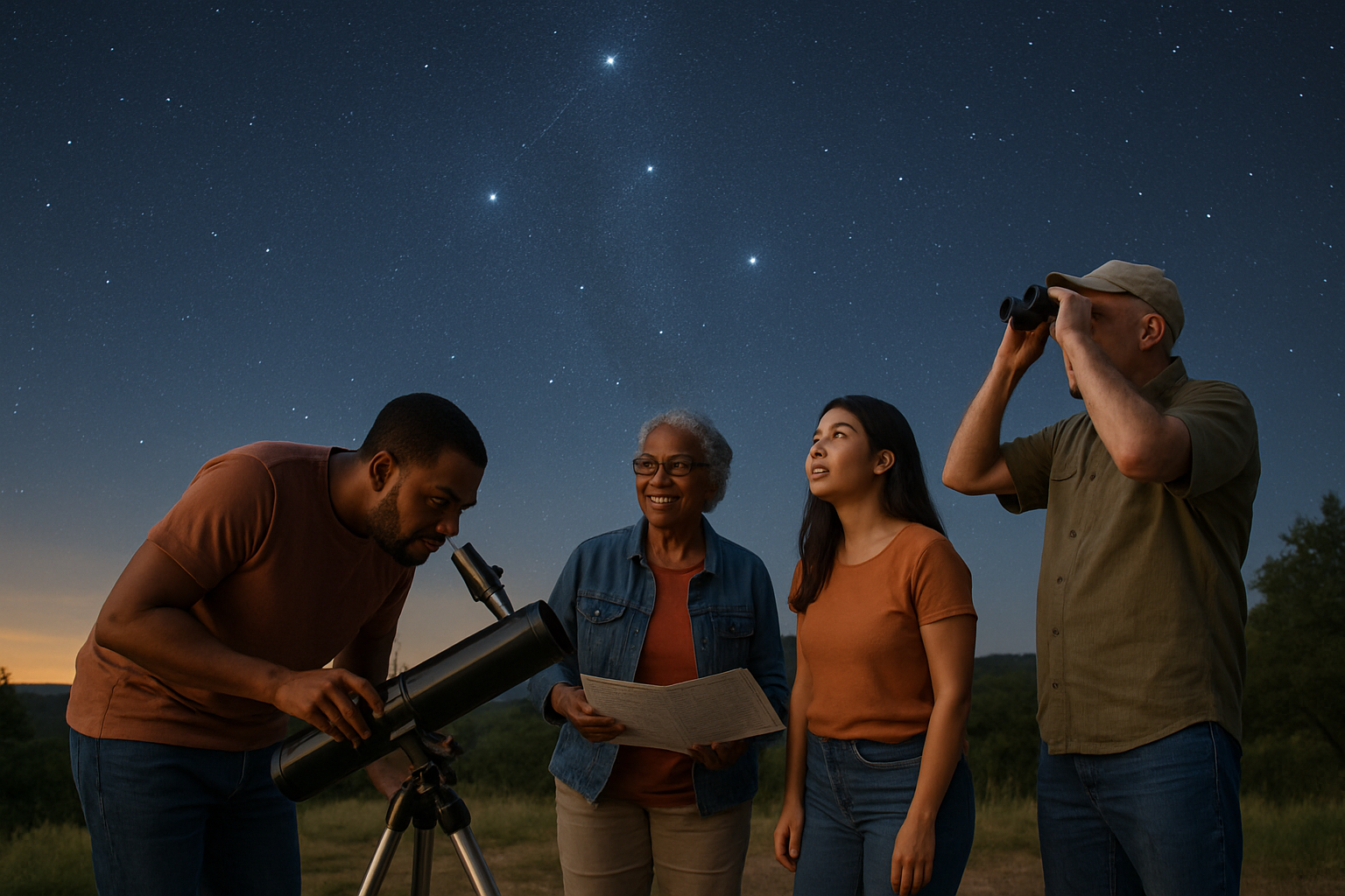 A diverse group of amateur stargazers on a Texas Hill Country overlook with the Summer Triangle above them