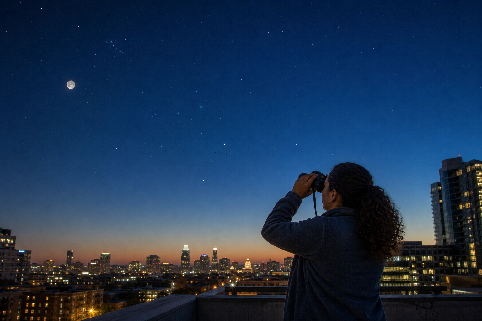 A stargazer uses binoculars on an Austin rooftop beneath the Moon and Pleiades.