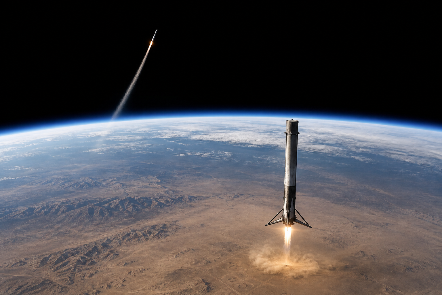 An orbital upper stage continues while a reusable booster descends for recovery
