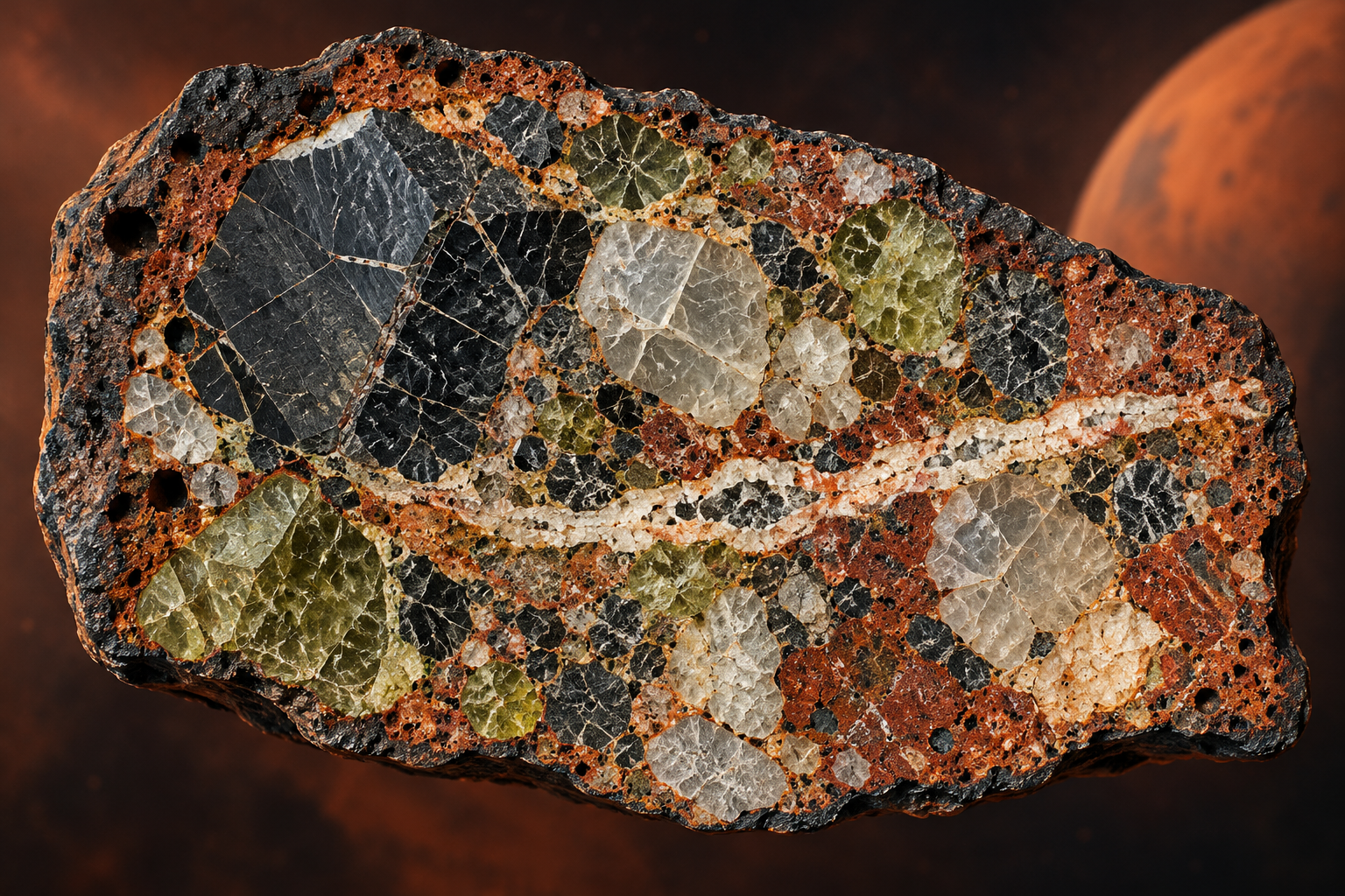 Close cross-section illustration of varied mineral grains and veins in an ancient Martian meteorite.
