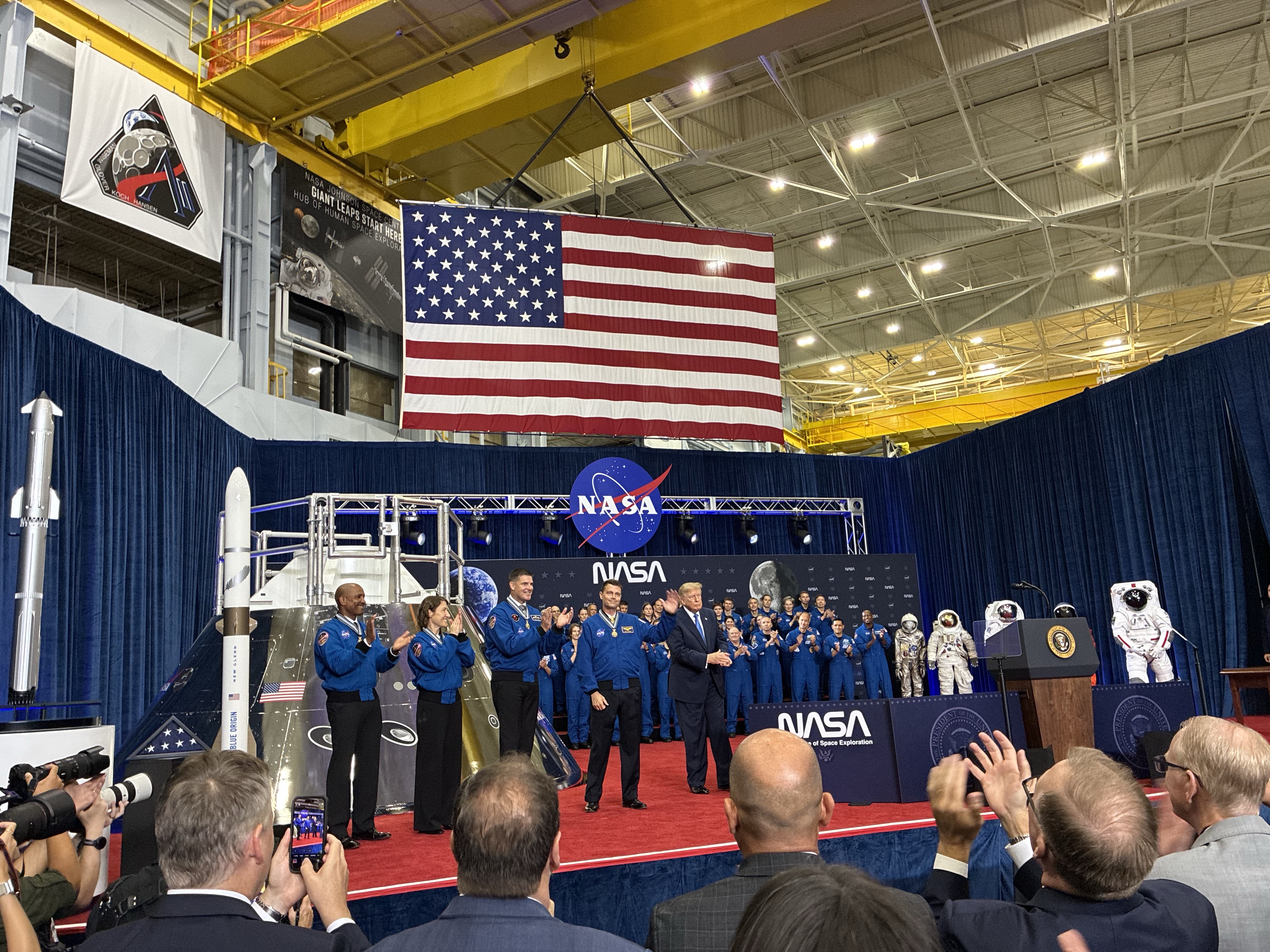 President Donald Trump with the Artemis II crew at NASA Johnson Space Center